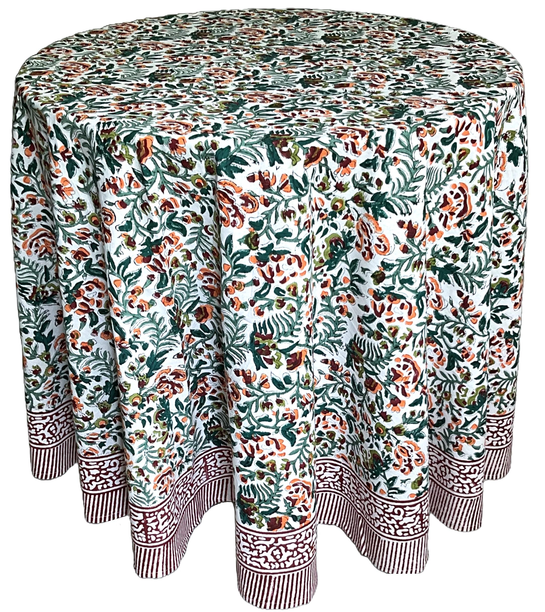 ATOSII Ambrosia Green 100% Cotton Round Tablecloth, Handblock Print Floral Table Cloth for Kitchen Dining Linen I Weddings, Outd
