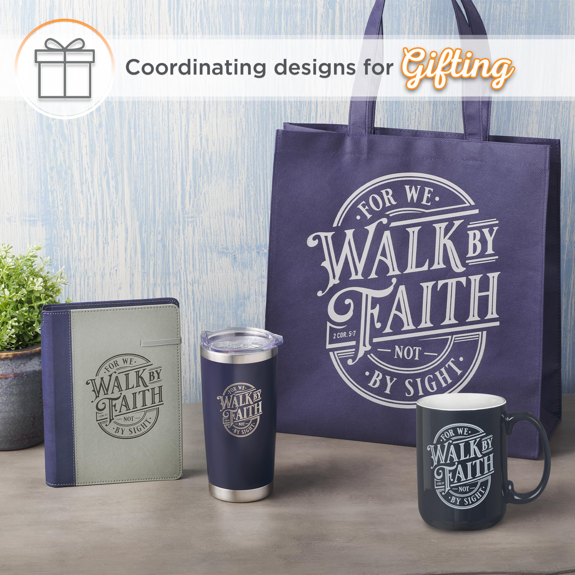 Christian Art Gifts Large Ceramic Coffee & Tea Mug for Men & Women: Walk by Faith Bible Verse, Navy Blue & White, 14 oz.