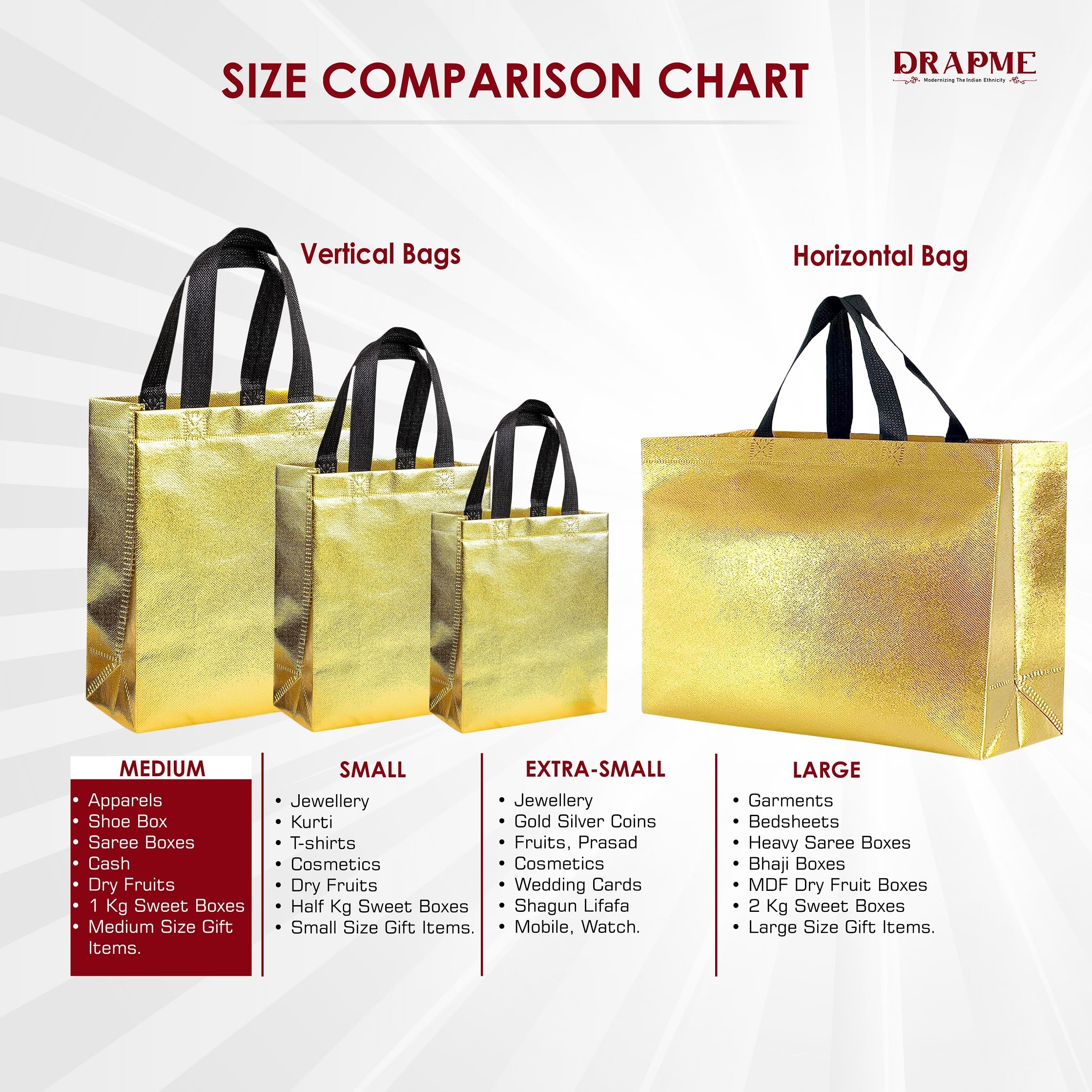 DRAPME Medium Size Pack of 50 Pcs Glossy Metallic Laminated Non-Woven Reusable Eco-Friendly Party Return Gift Bags (Golden) (Med