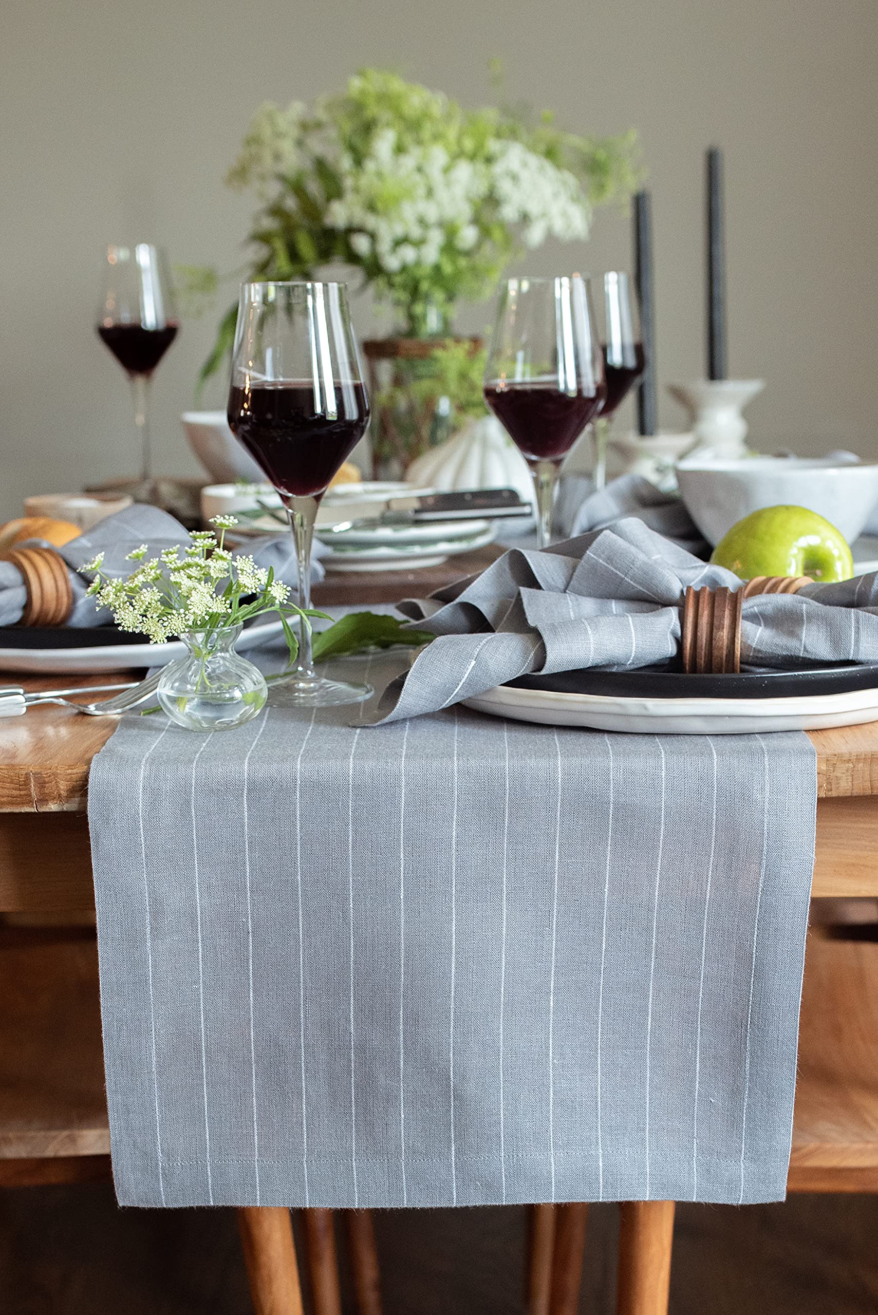 Solino Home Pinstripe Linen Grey And White Table Runner 60 Inch - 100% Pure Linen Short Table Runner 14 X 60 Inch Ideal For Dres