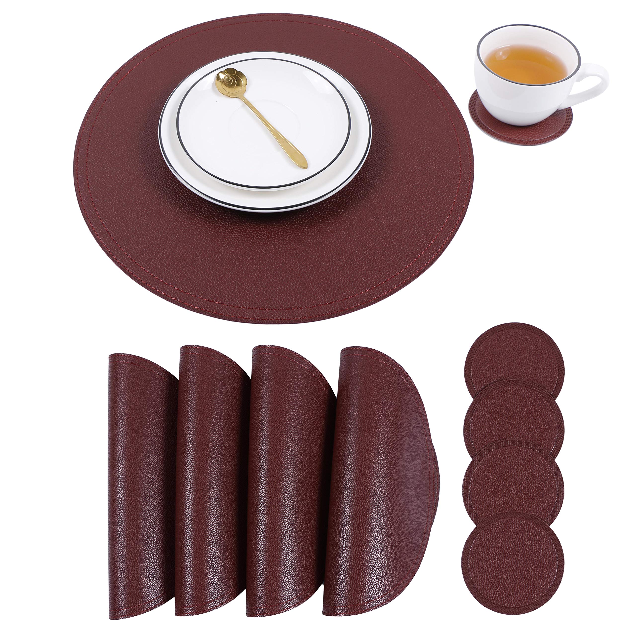 Faux Leather Round Placemats And Coasters, Coffee Mats Kitchen Table Mats, Waterproof, Easy To Clean For Round Table, Dining Tab