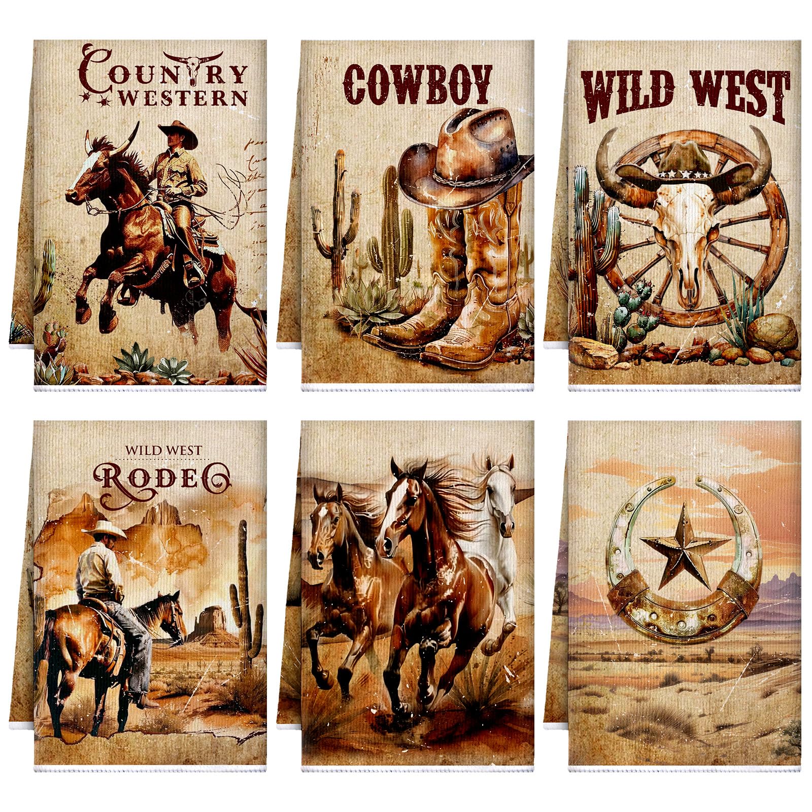 Sunnyray 6 Pack Western Cowboy Horse Kitchen Towels, Horse Themed Dish Hand Towels, Absorbent Microfiber Tea Cloths for Derby De