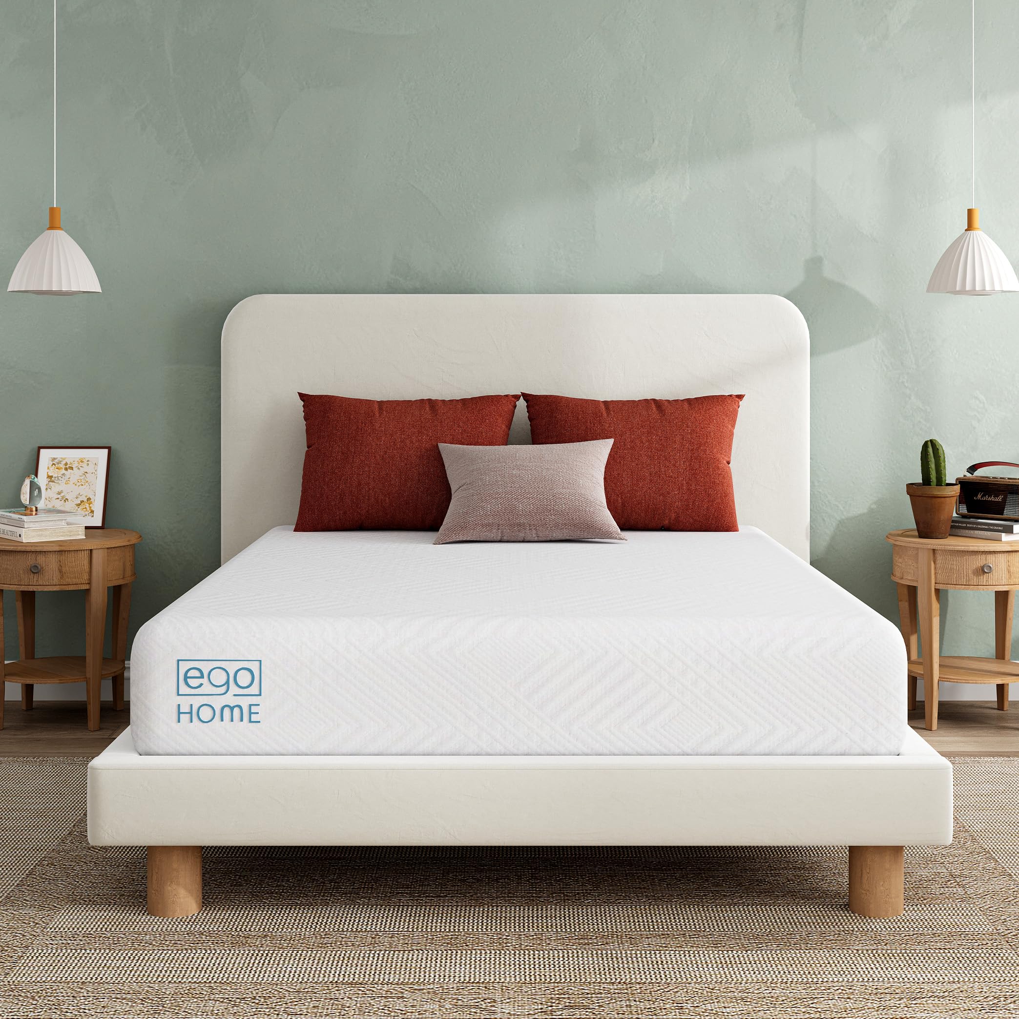 EGO White 8 Inch Queen Memory Foam Mattress  Cooling Gel Green Tea Mattress Bed in a Box  CertiPUR-US Certified  Double Mattress  60''?0''  Medium Firm