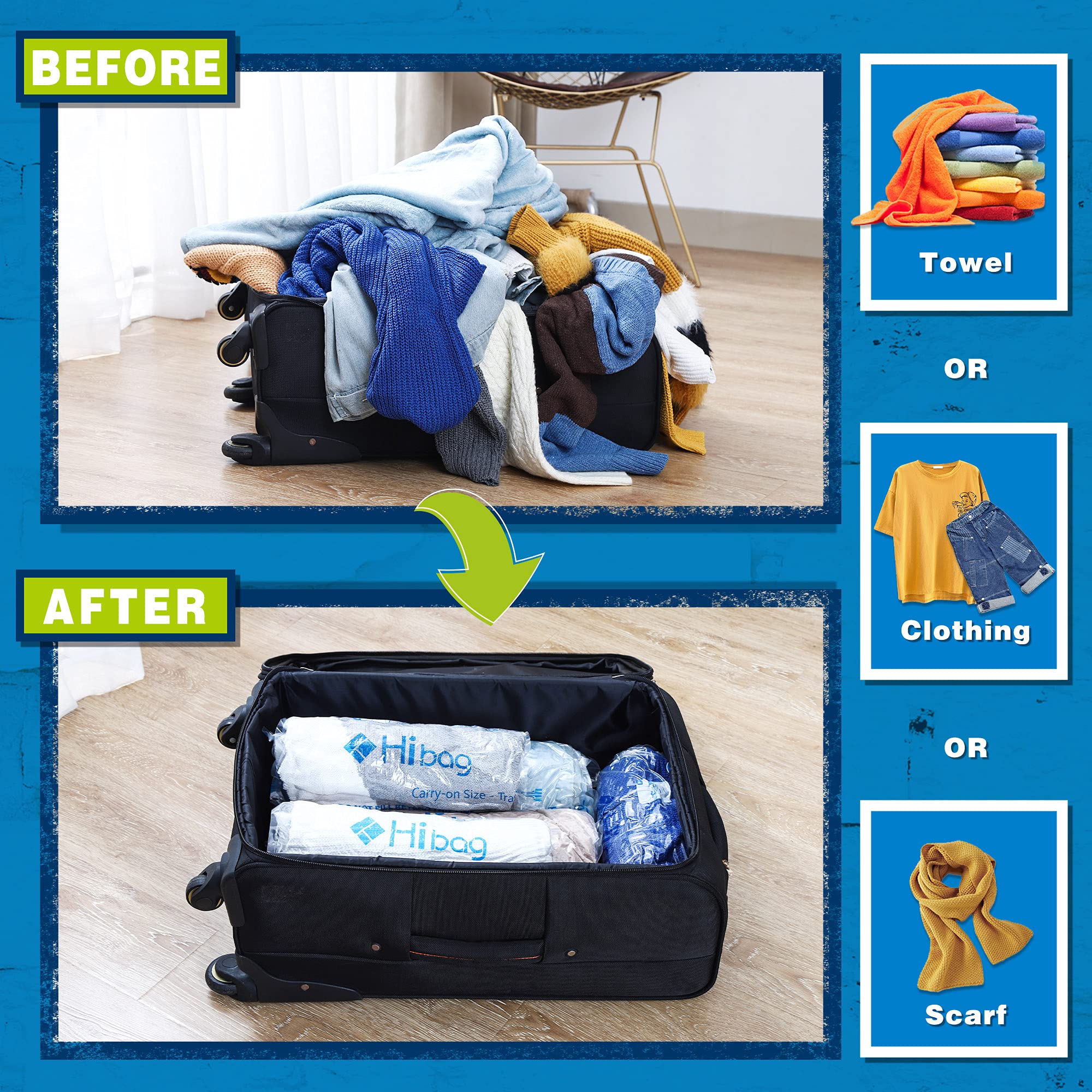 HIBAG Compression Bags for Travel, 12-Pack Space Saver Zipper Bags, Clear, Model 12-Travel, Vacuum Packing for Cruise Accessories