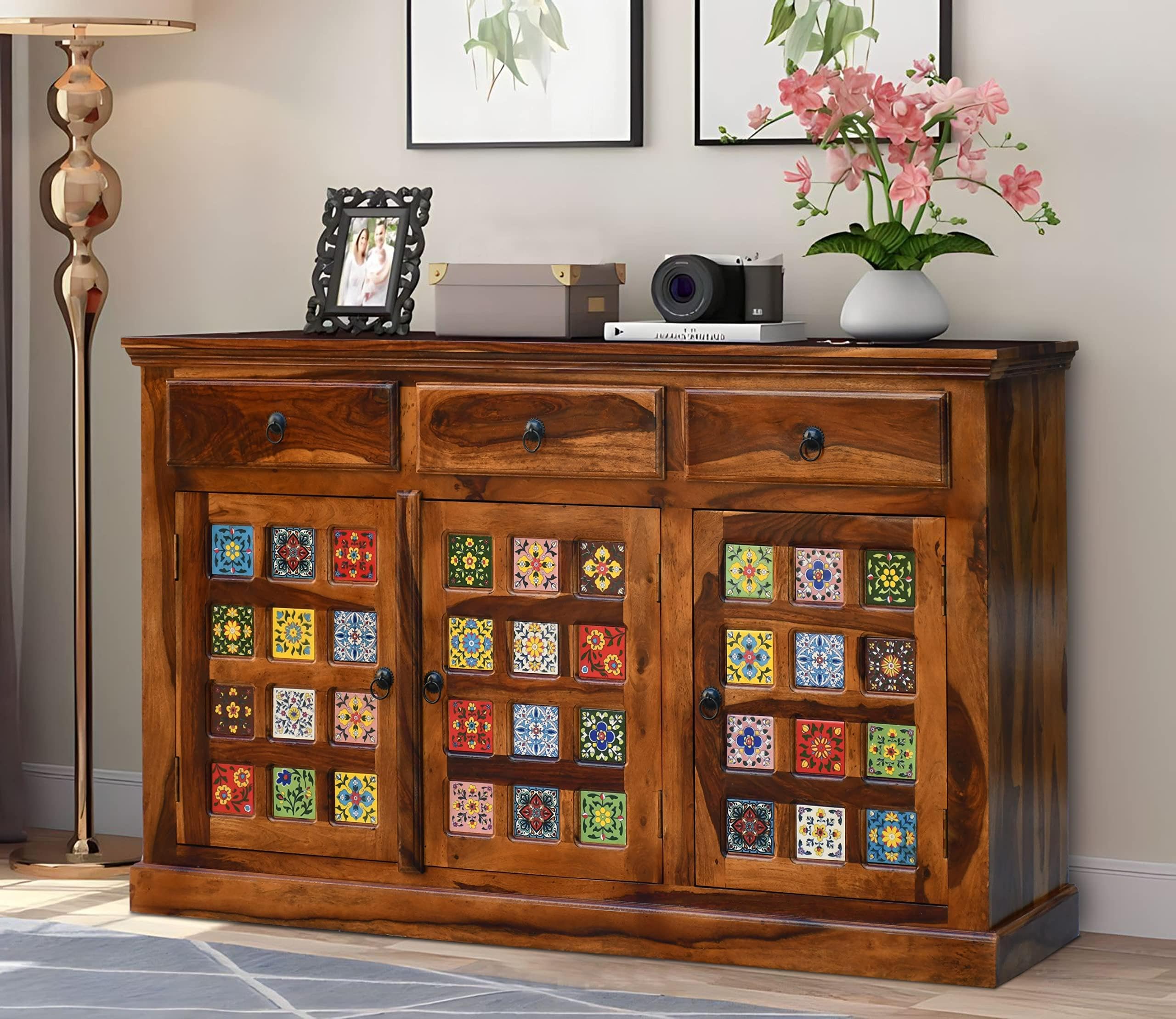 Sona Art & Crafts Solid Sheesham Wood Sideboard Cabinet Storage 3 Door & 3 Drawer Cabinet For Home Kitchen Living Room Cabinets 