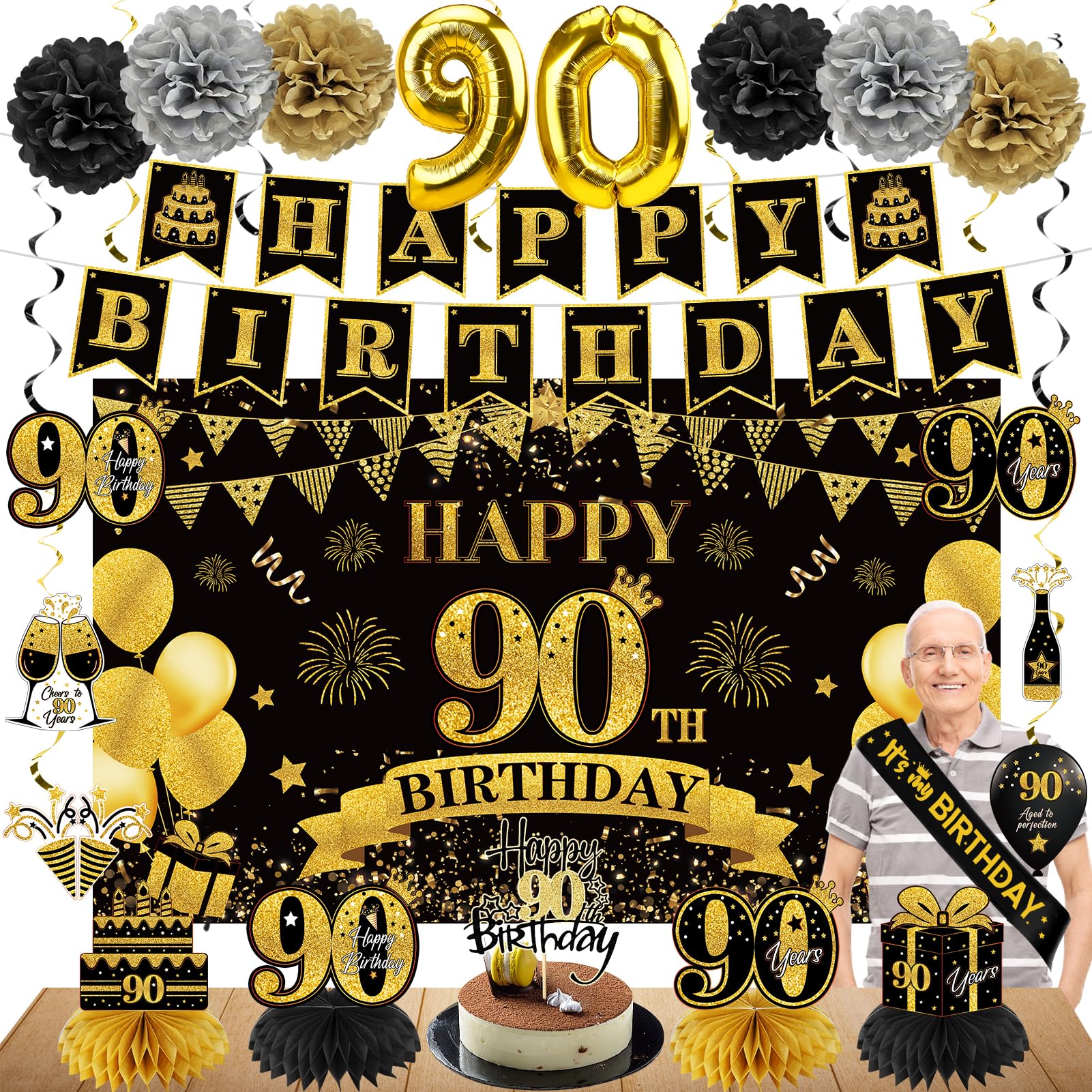 Eucutur 42Pcs 90Th Birthday Decoration Kit For Men Women, Black Gold Happy 90Th Bday Banner Balloons Honeycomb Centerpiece Swirl