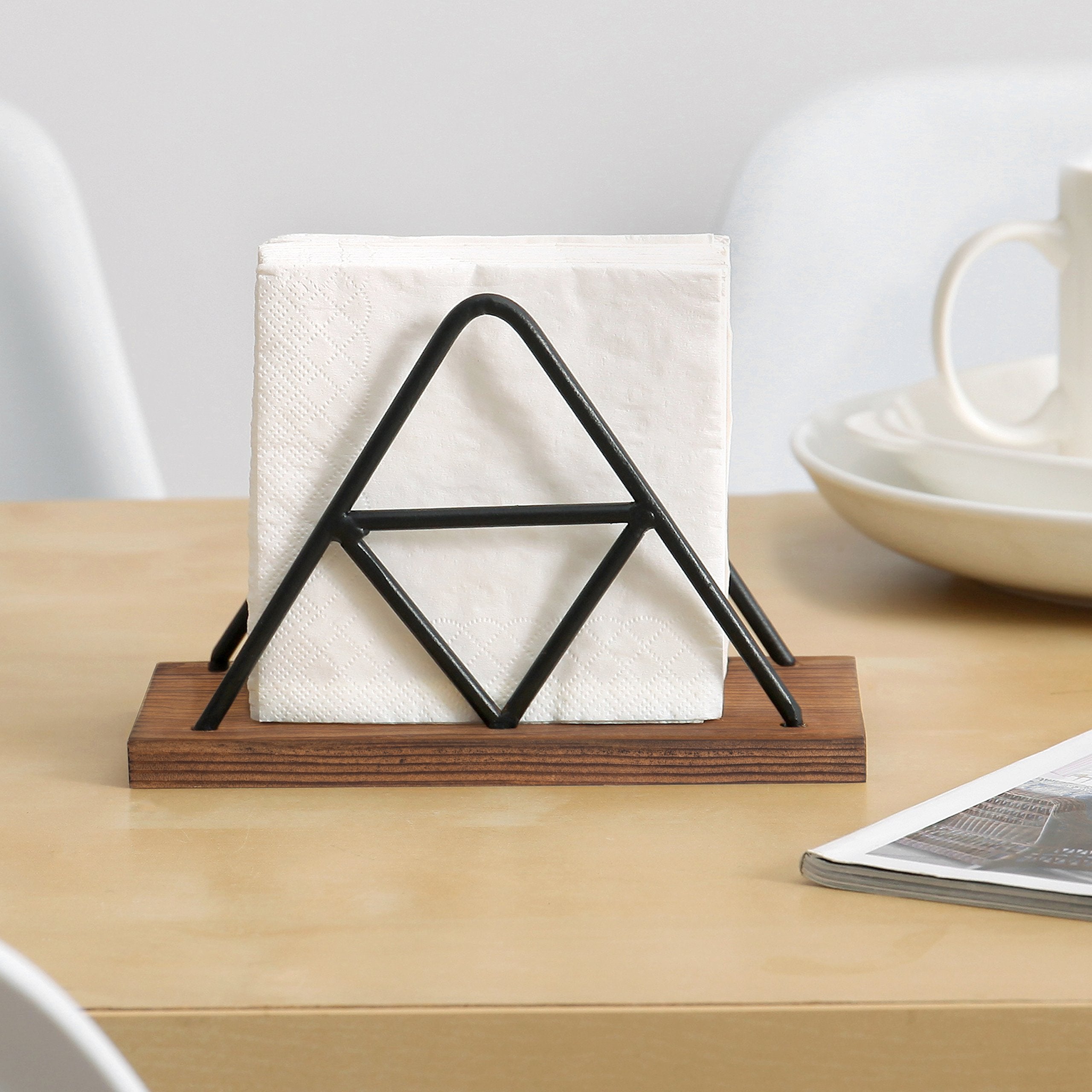 Mygift Matte Black Metal Wire Triangle Napkin Holder With Rustic Burnt Solid Wood Base, Tabletop Geometric Serviette Dispenser R
