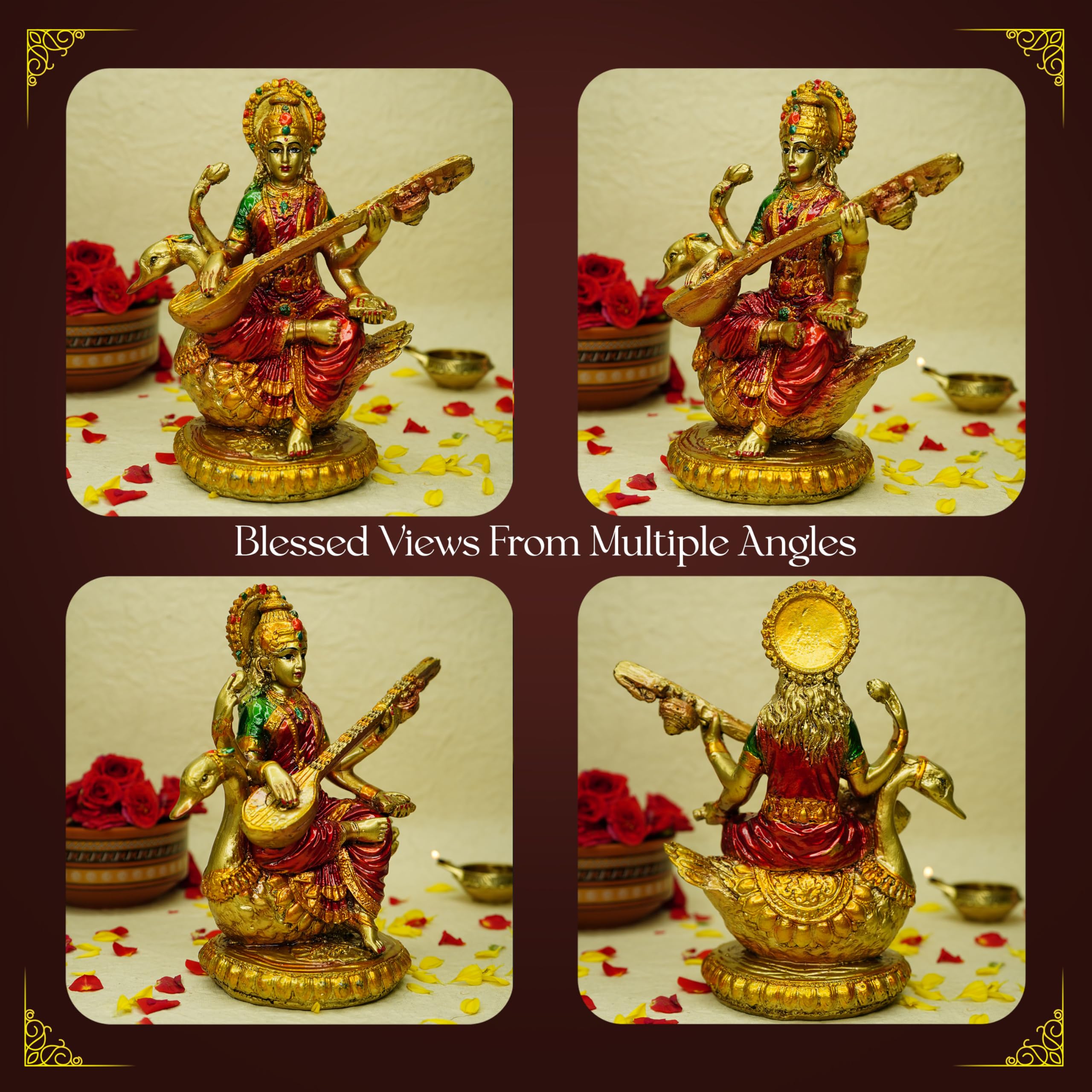 Ekhasa Hand Painted Maa Saraswati Idol (8 Inch) | Gold Marble Dust Saraswati Maa Murti For Study Table, Pooja, Home | Resin Sara