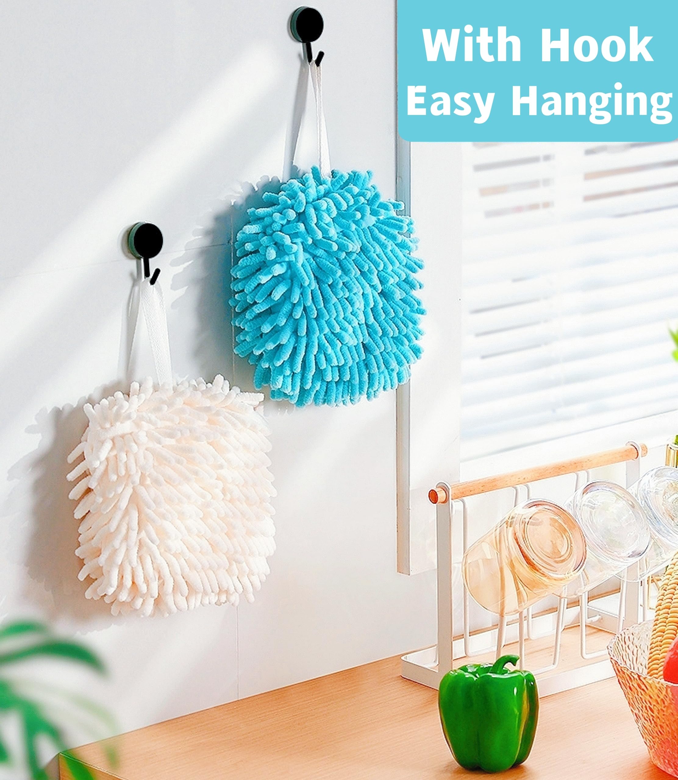 Frbryak 2 Pcs Fuzzy Ball Hand Towels, Microfiber Chenille Hand Towel Balls For Bathroom With Hanging Loop, Soft Fast Drying Deco