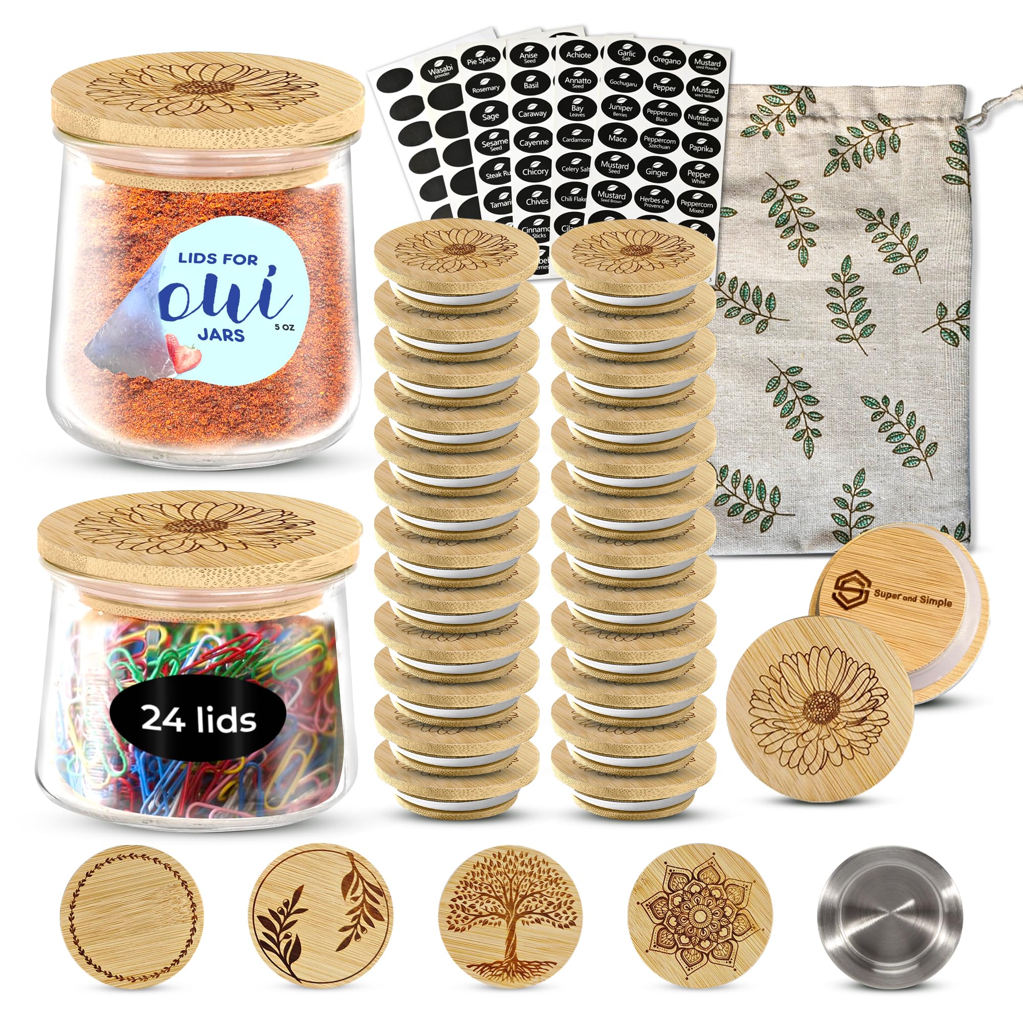 4-24 Lids With Aster Flower Design Or Another Design | Reusable Bamboo Wood Lids For Yoplait Oui Yogurt Jars With Airtight Seali