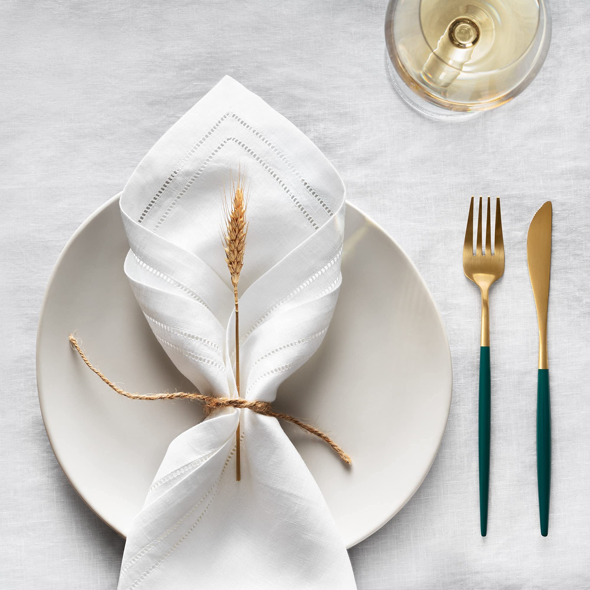 O'lucio Authentique Home Linen Napkins Set of 4 - 20"x20" White 100% Flax Linen with Double Hemstitch - Perfect for Summer Decor