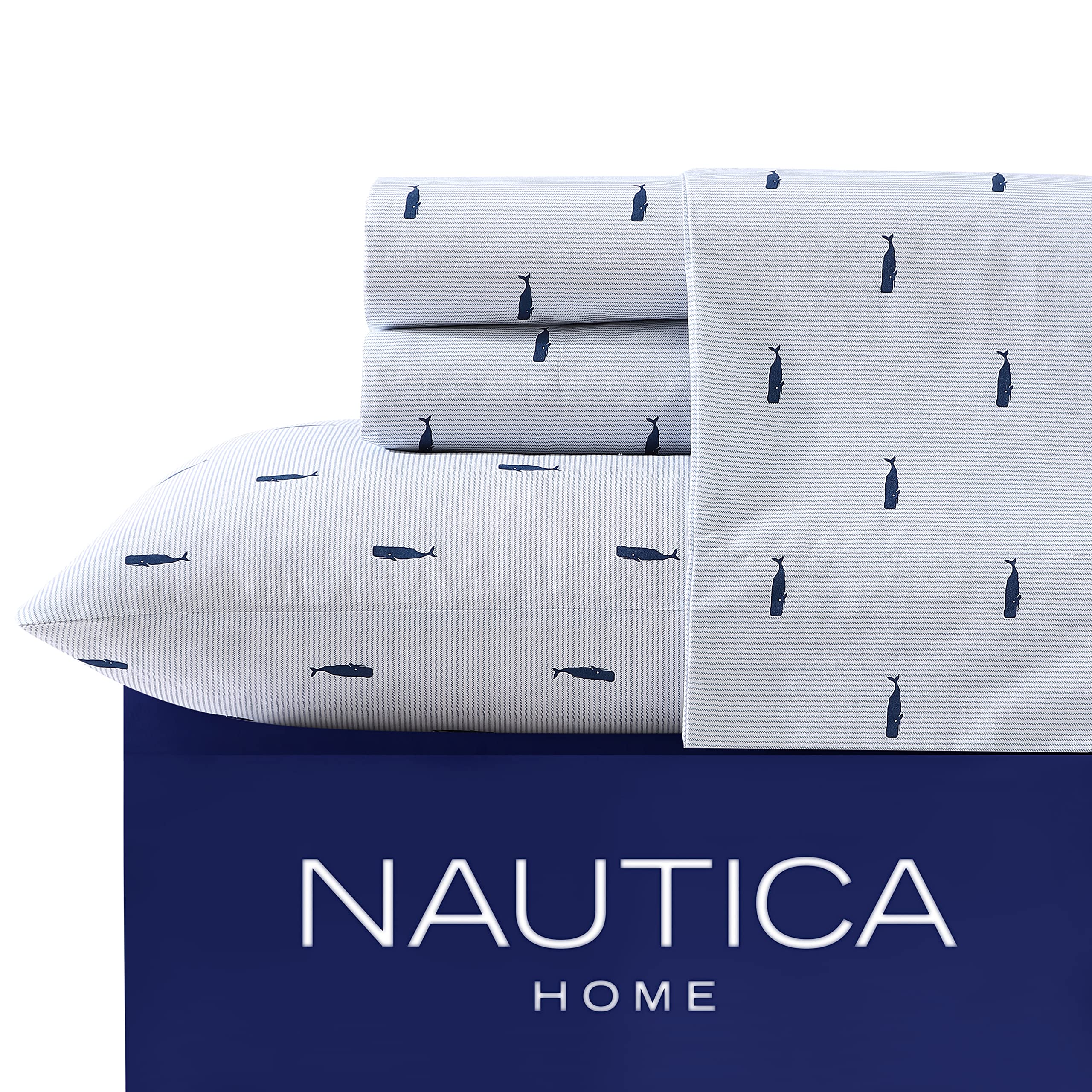 Nautica - Twin Sheet Set, Cotton Percale Bedding Set, Crisp  Cool, Lightweight  Breathable (Whale Stripe Blue, Twin)