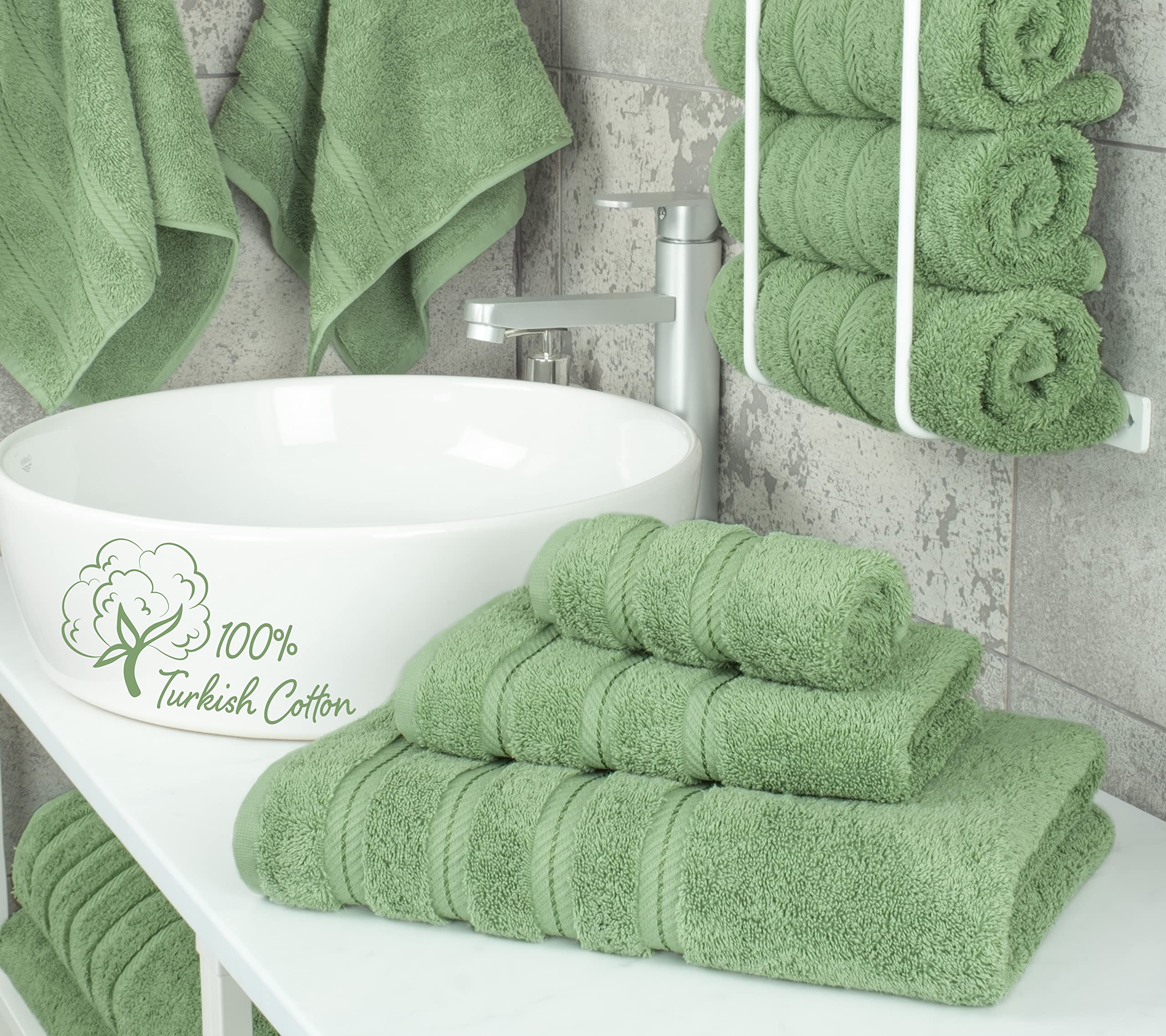 American Soft Linen 3 Piece Towel Sets  1 Bath Towel 1 Hand Towel 1 Washcloth  100% Turkish Cotton Towels for Bathroom  Sage Towel Set