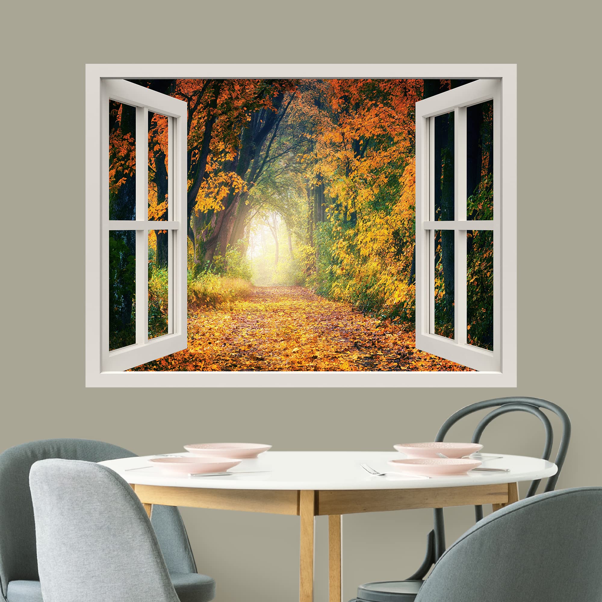 wall26 Removable Wall Sticker/Wall Mural Window View Path Through Autumn Fall Season Tree Forest Nature Wilderness Photography Realism Landscape Multicolor for Living Room  Bedroom  Office - 24''x32''