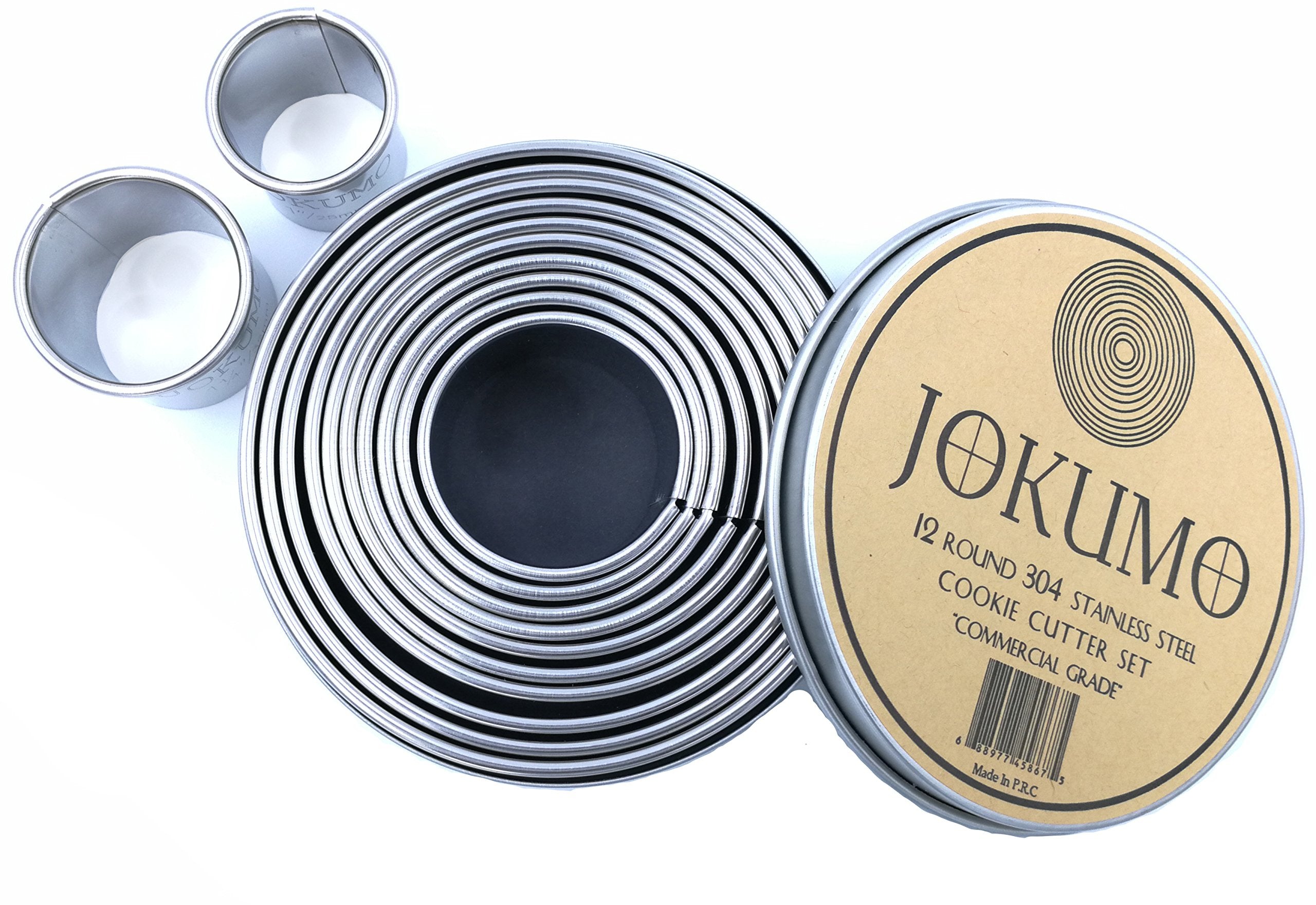Jokumo 12 Piece Plain Round Pastry/Cookie Cutter Set Heavy Duty Commercial Grade 18/8 304 Stainless Steel - Metal Marked Size -
