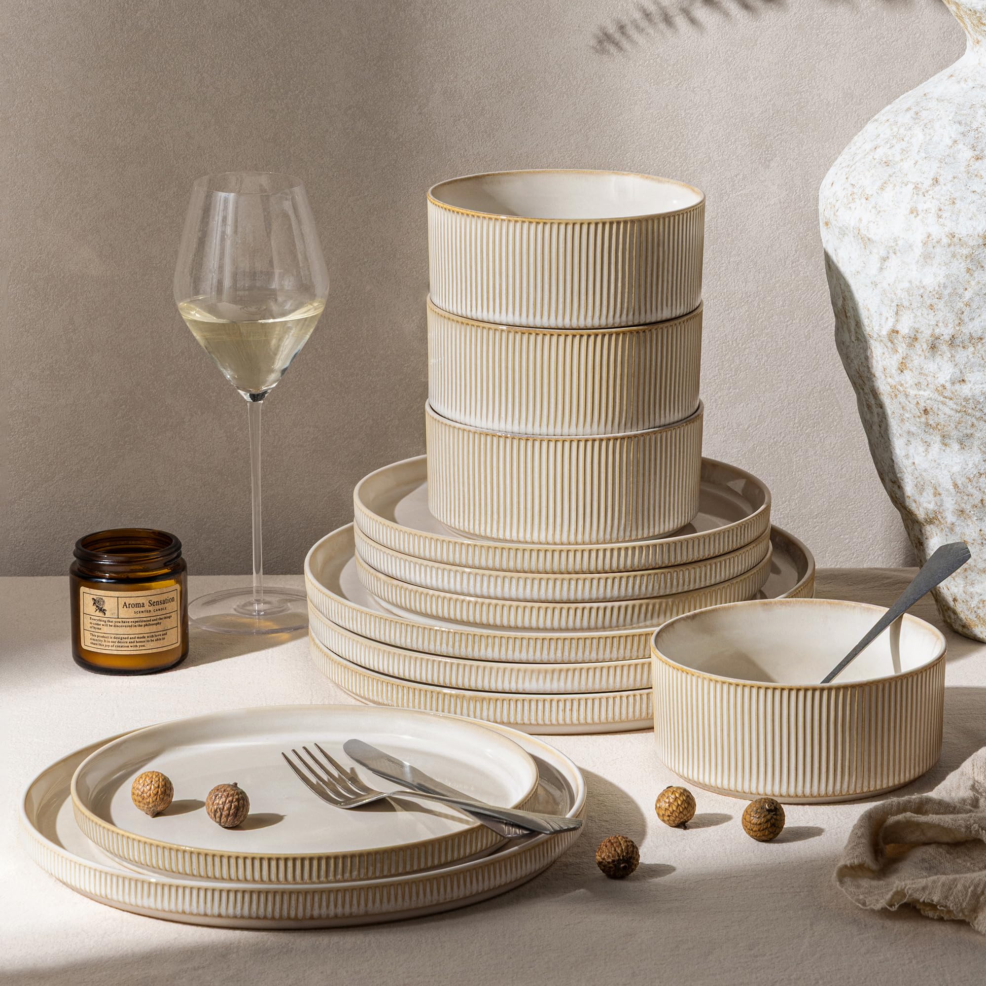 GBHOME 12-Piece Stoneware Dinnerware Set for 4 - Ribbed Ceramic Plates and Bowls, Scratch-Resistant, Microwave & Dishwasher Safe