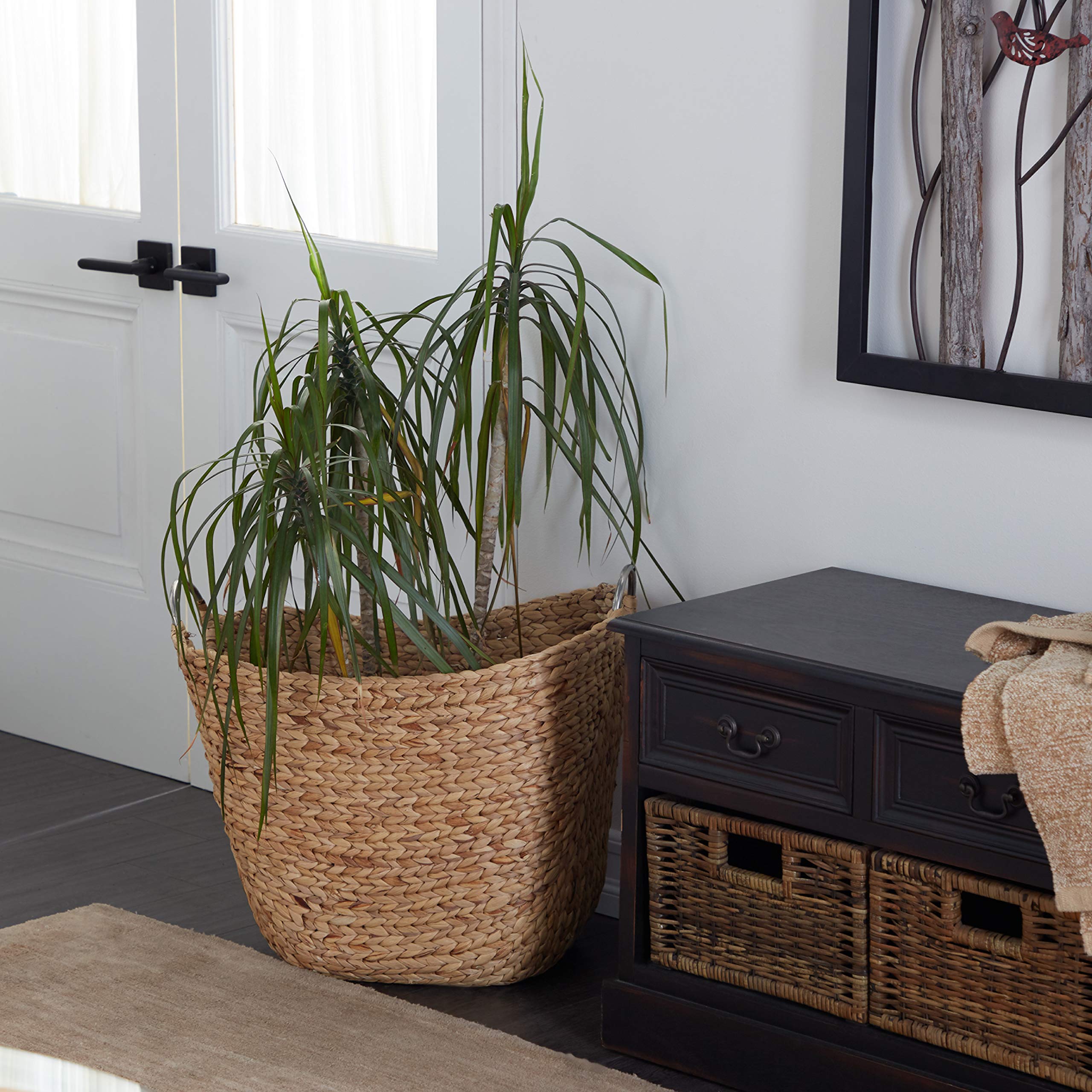Deco 79 Seagrass Handmade Large Woven Storage Basket with Ring Metal Handles  21'' x 17'' x 19''  Brown