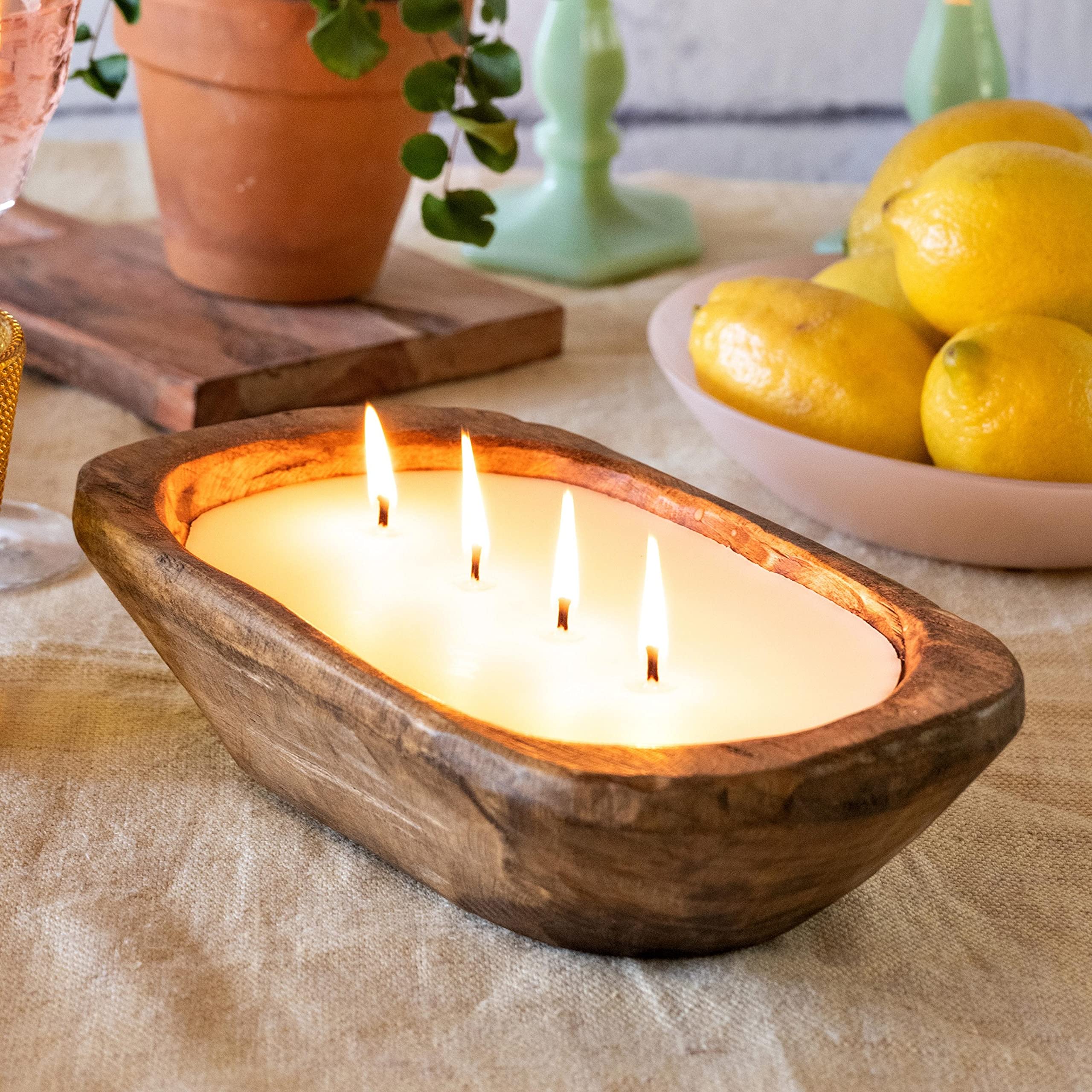 Wooden Dough Bowl Candle 10 Inch, Wooden Dough Bowl Soy Candle, Farmhouse Dough Bowl Candles For Table, Wood Bowl Candle Boat 4
