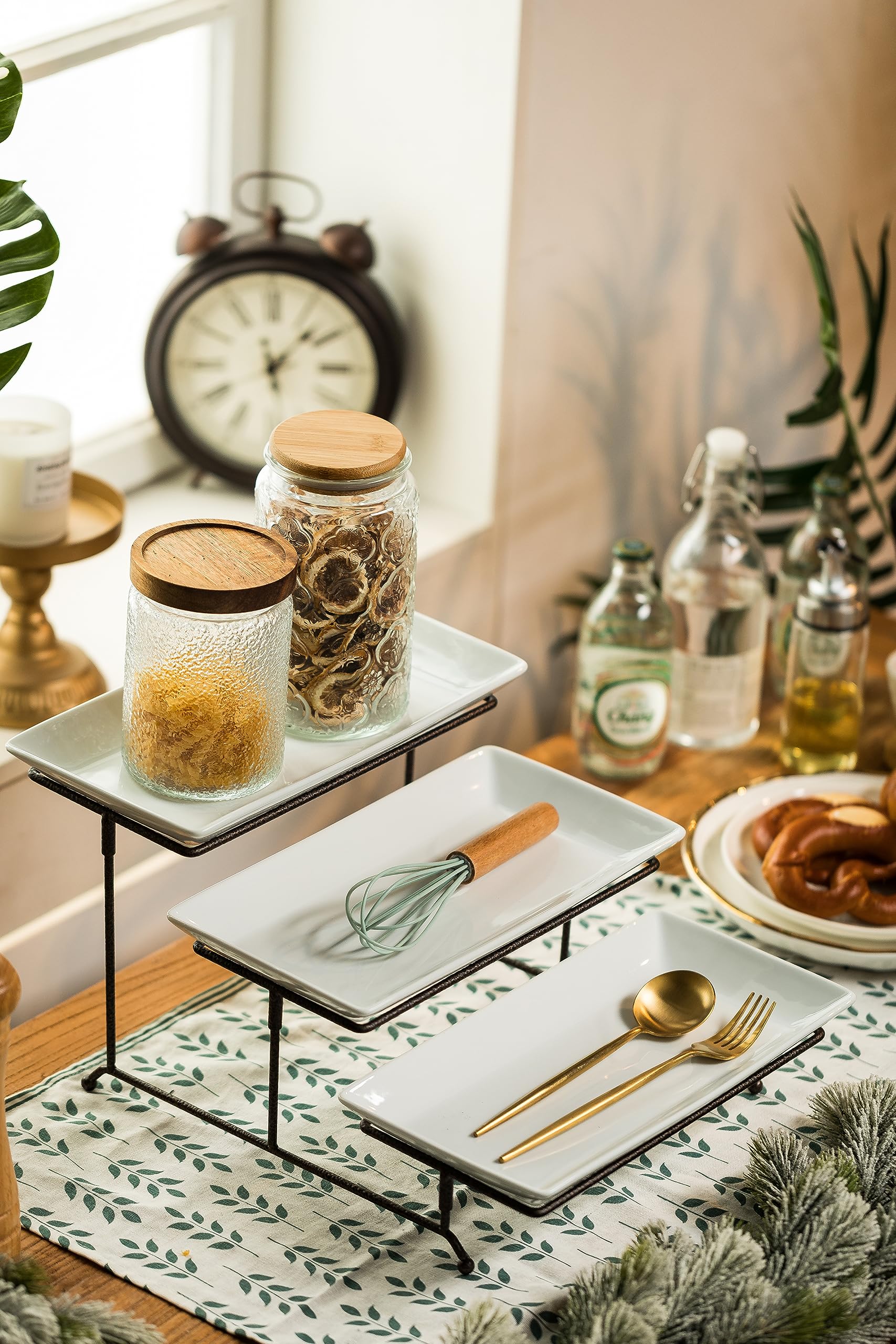 Lauchuh 3 Tier Serving Tray Porcelain Tiered Serving Stand Collapsible Sturdier Rack With 3 Serving Platters & 2 Cross Bars For