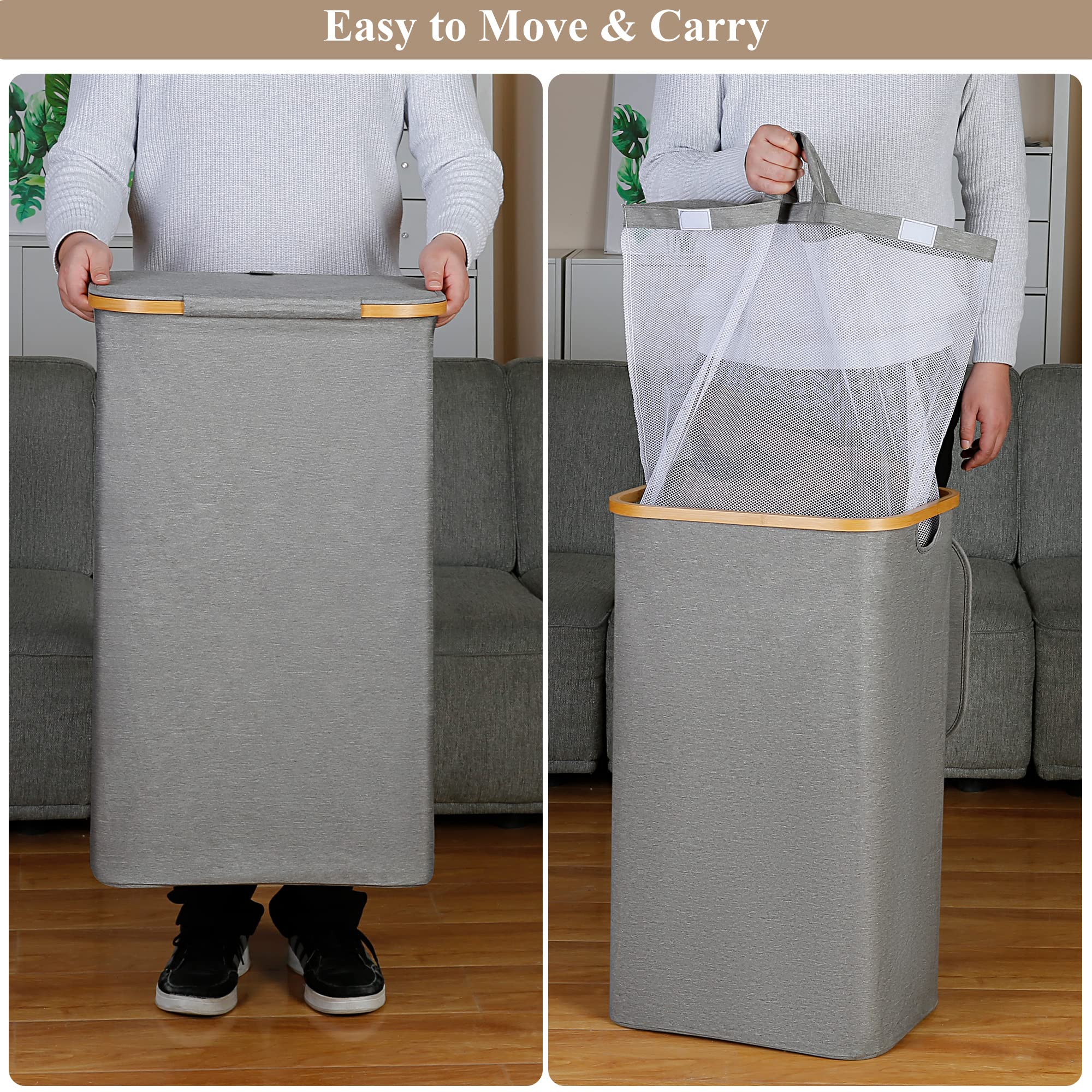 iEGrow Laundry Hamper with Lid  110L Large Laundry Hamper with Handle and Lid  Collapsible Clothes Basket Organizer with Removable Inner Bag for Clothes Toys Towels - Grey
