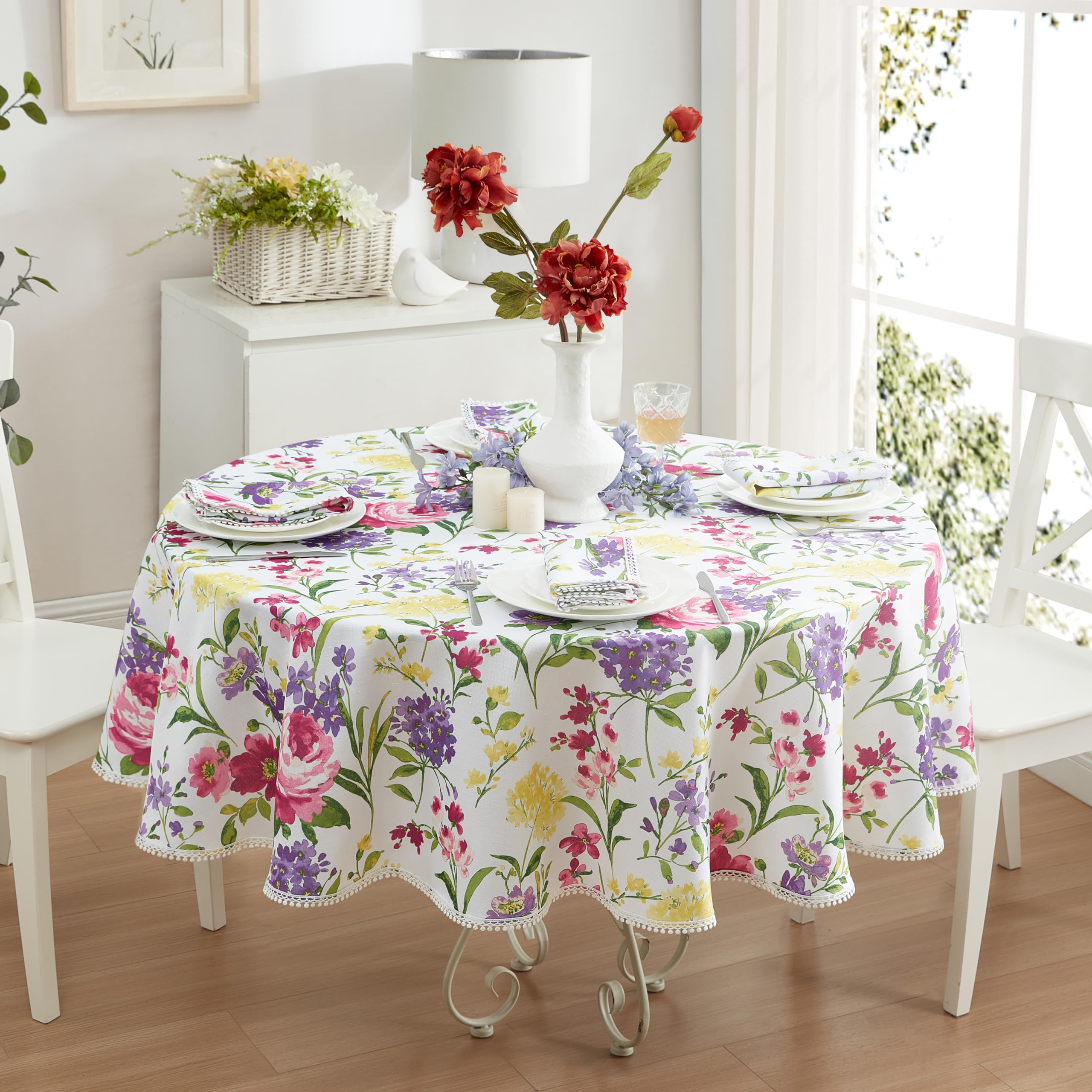 Newbridge Round Fabric Tablecloth, 70 Inch, Summer Sophia Pom Pom Fringe, Wrinkle And Stain Resistant Pink And Purple Floral Tab