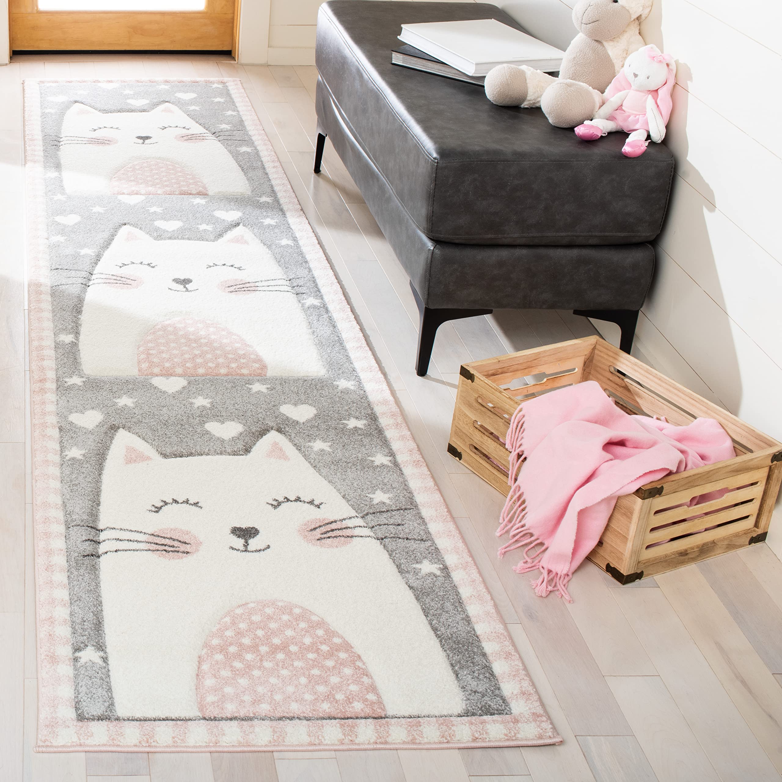 SAFAVIEH Carousel Kids Collection Runner Rug - 23 x 12, Pink & Grey, Cat Design, Non-Shedding & Easy Care, Ideal for High Traf