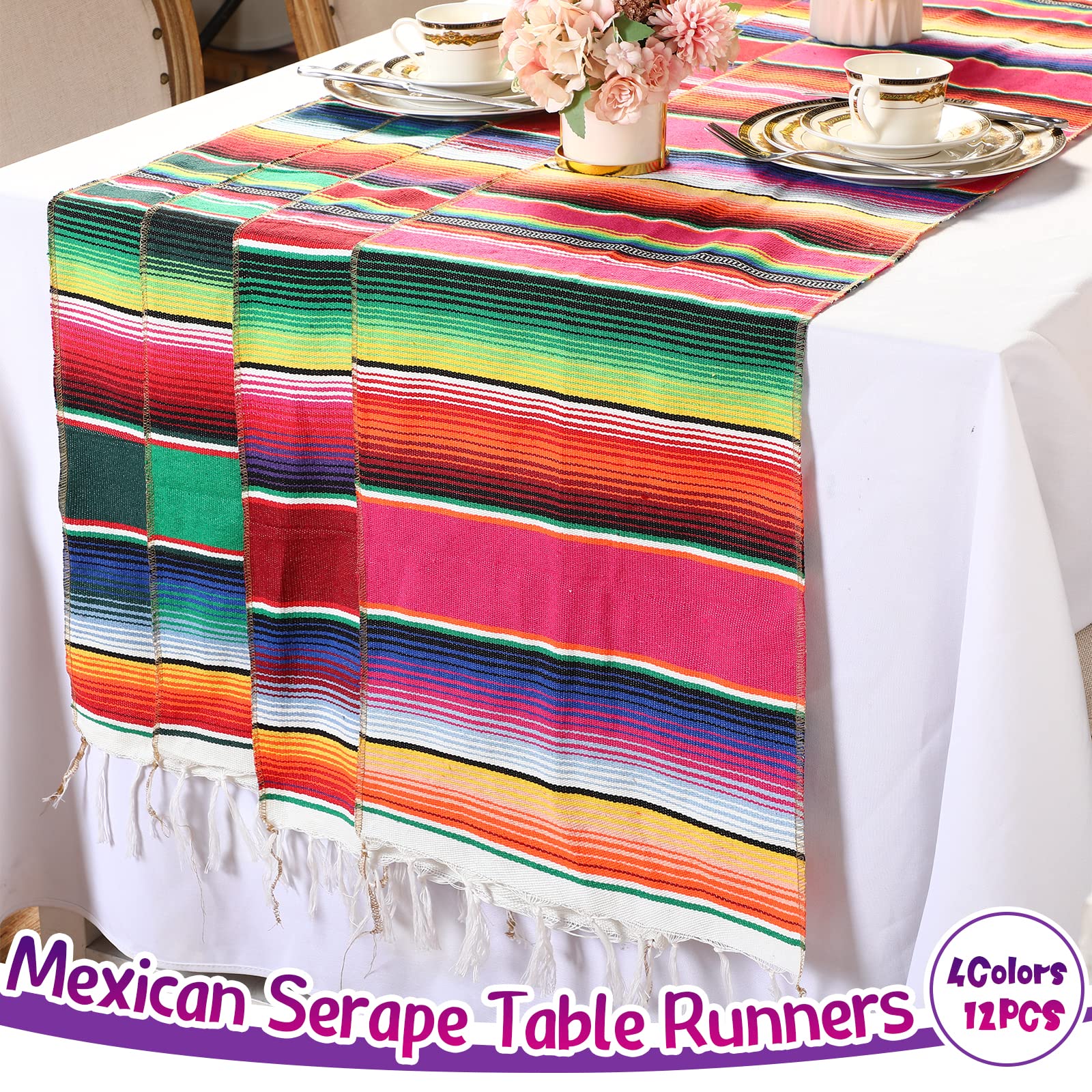 12 Pcs Mexican Serape Table Runners Mexican Theme Party Table Decorations Colorful Striped Serape Table Blanket Runner Tableclot