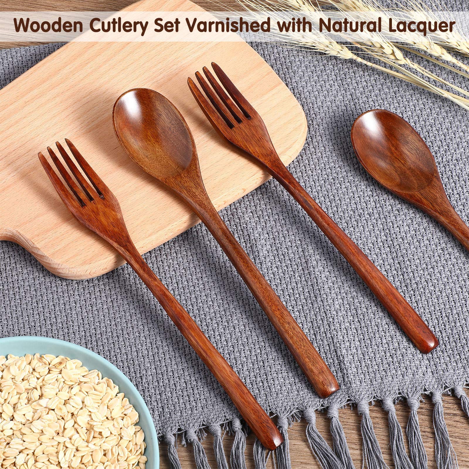 Patelai Wooden Spoons Forks Set Wood Dinner Utensil Set Reusable Flatware Tableware Set Handmade Natural Cutlery Set Includes Wo