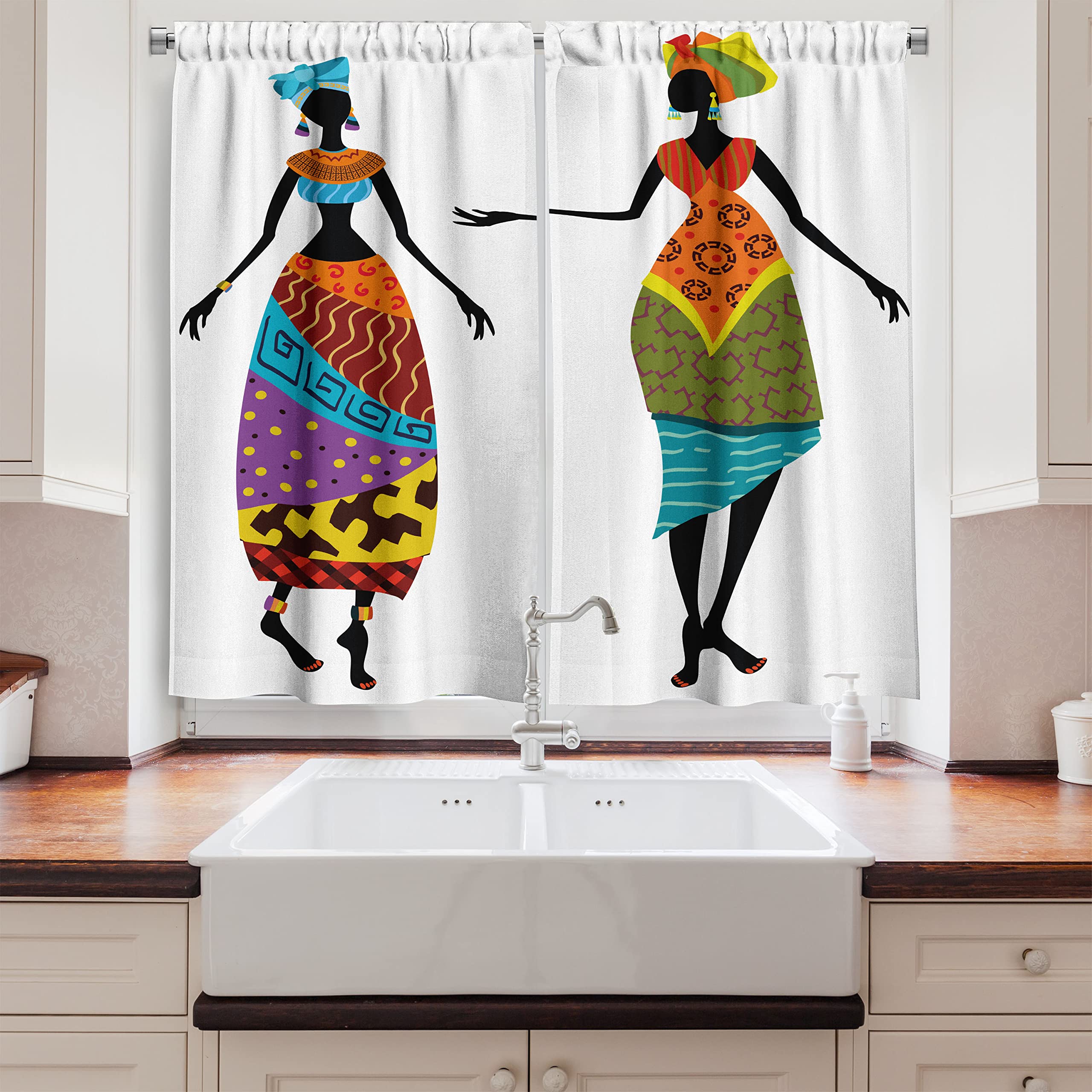 Ambesonne African Long Kitchen Curtains, Ladies in Traditional Costume Silhouettes Ethnicity Vintage Display, Two Panels Drapes