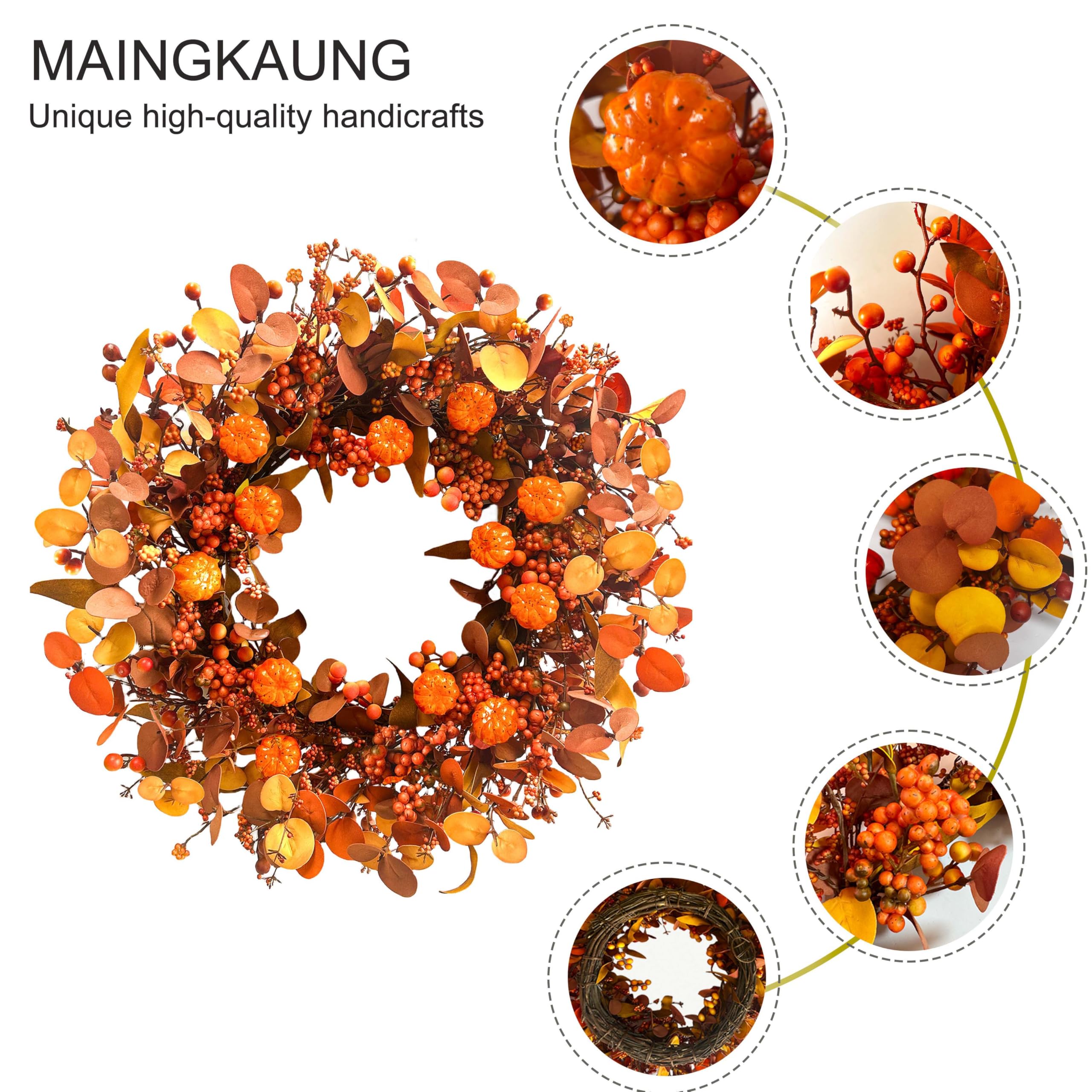 MAINGKAUNG Fall Wreath 22 Inch Fall Wreaths for Front Door Autumn Pumpkin Wreaths with Orange Eucalyptus Leaves and Berries for