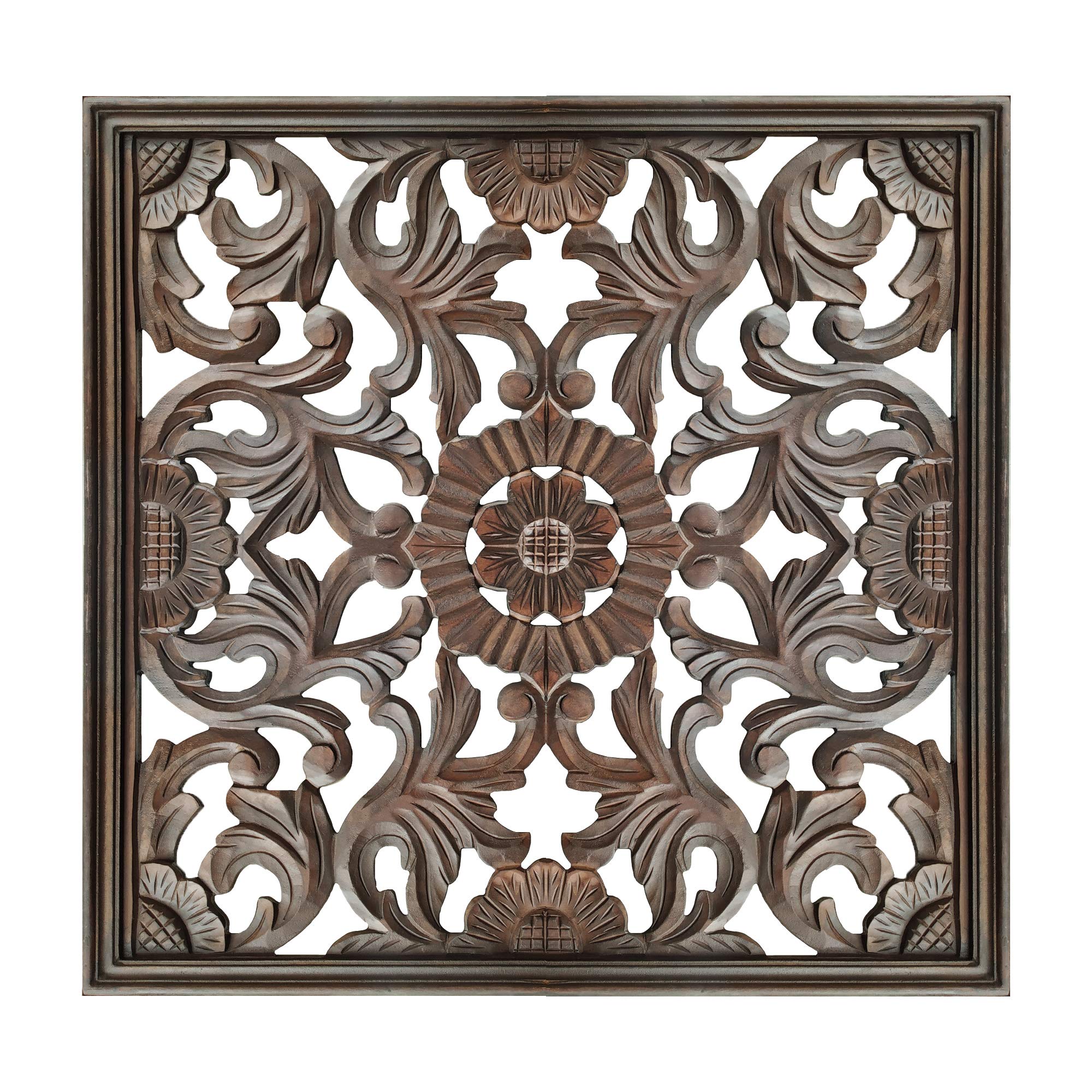 TUP The Urban Port Square Shape Wooden Wall Panel with Filigree Carvings, Burnt Brown