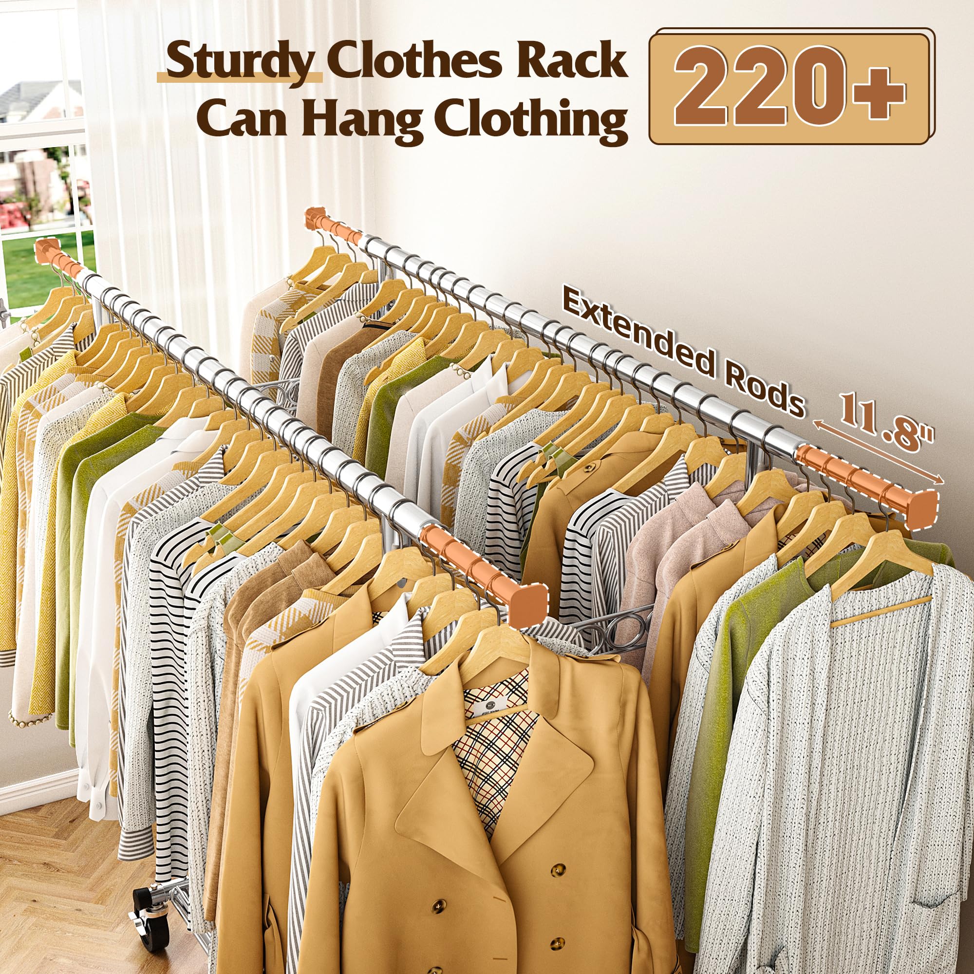 Raybee Clothes Rack Heavy Duty Holds 610LBS Rolling Clothing Racks for Hanging Clothes Portable Clothes Rack Metal Clothing Rack with Wheels Collapsible & Commercial Garment Rack Heavy Duty