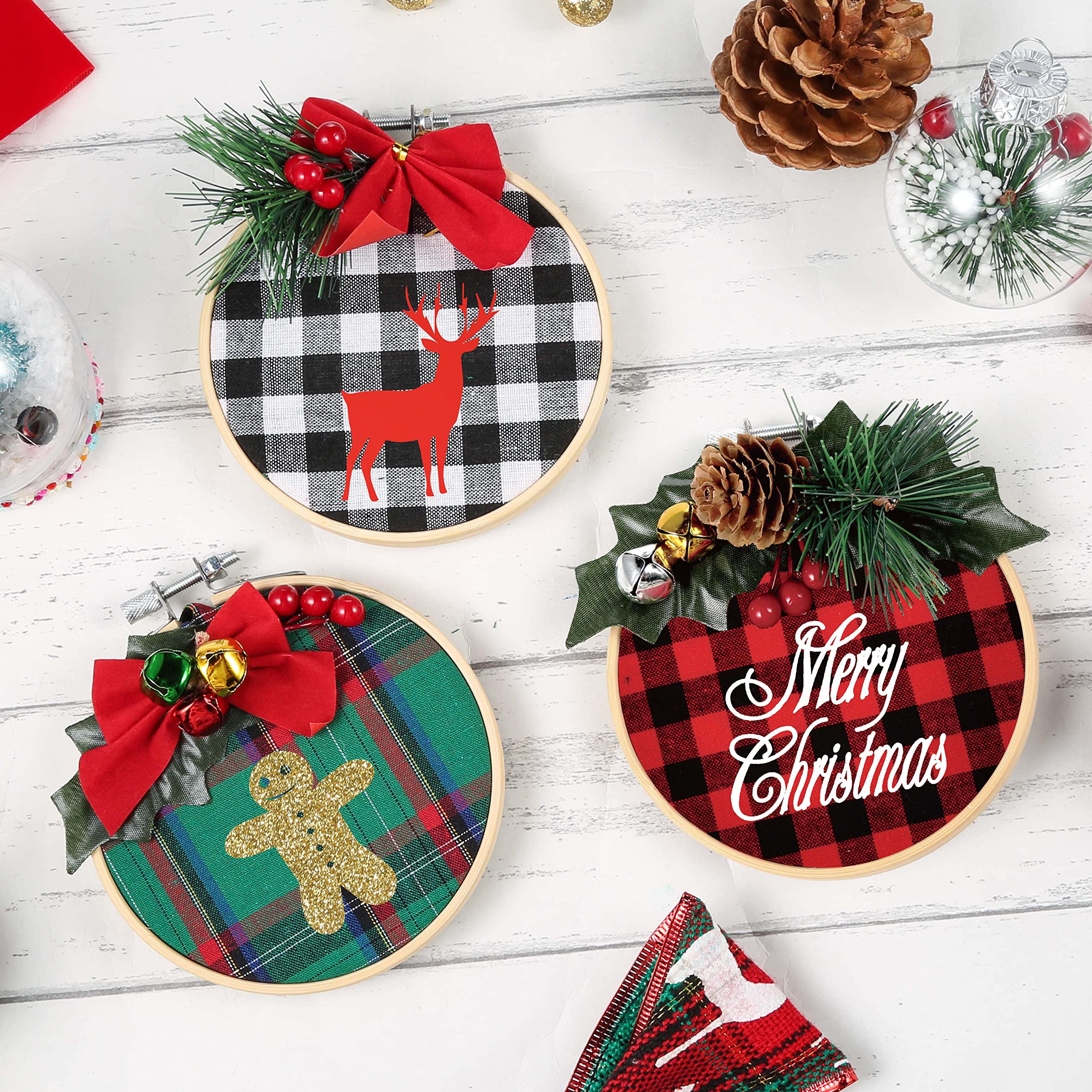 Pllieay 6 Pack of Christmas Ornament DIY Craft Kit Includes Christmas Plaid Fabric, Bamboo Hoop, Mini Pinecones, Artificial Pine