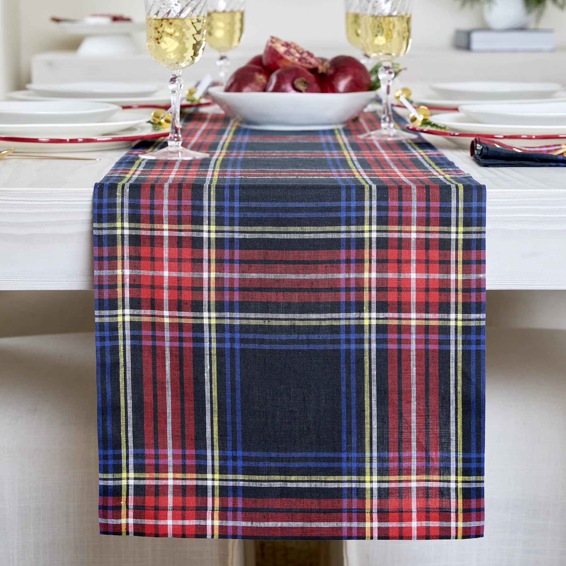 Solino Home Linen Plaid Table Runner 48 Inches - 100% Pure Linen Stewart Tartan Plaid Black Short Table Runner 14 x 48 Inch Idea