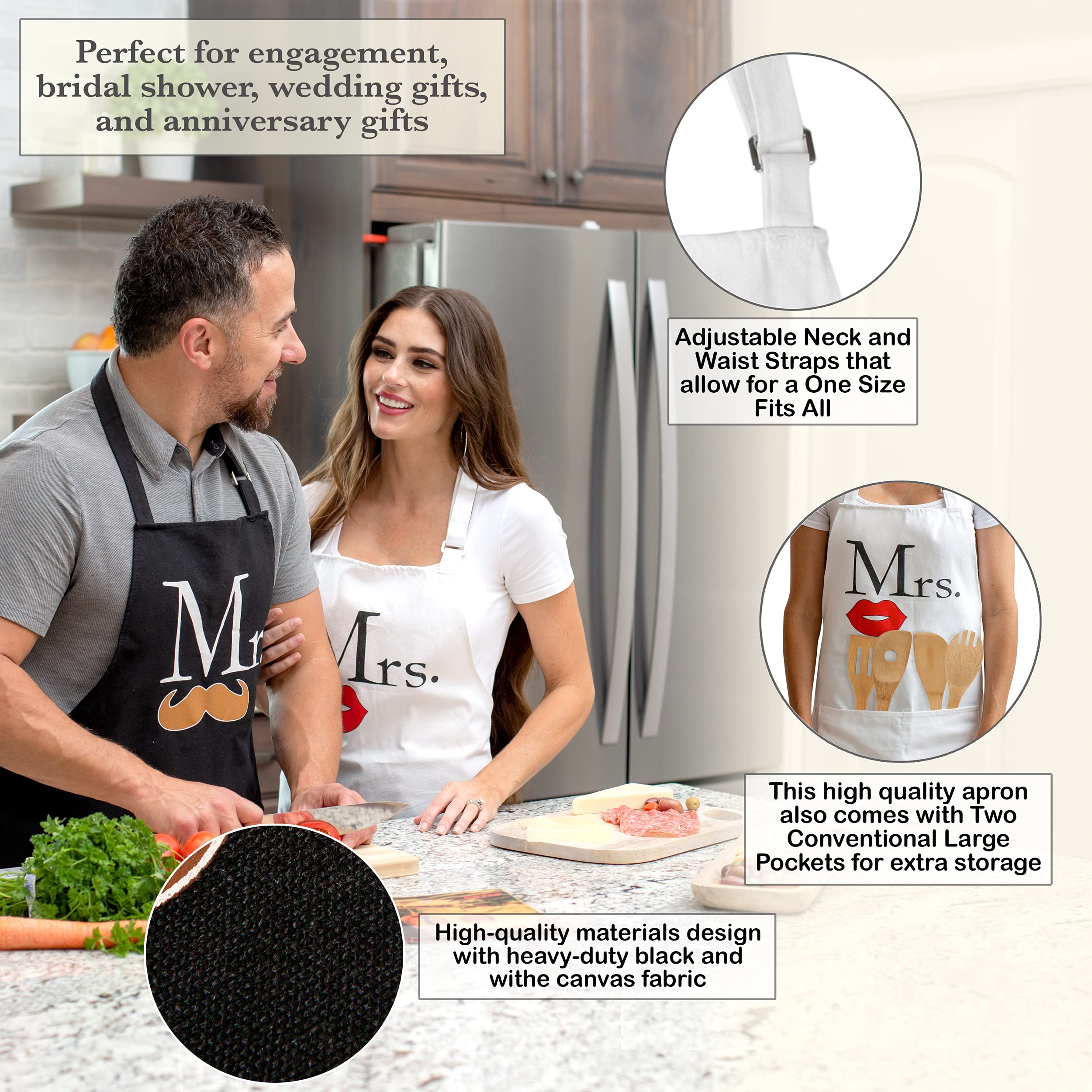 Mr And Mrs Aprons Kitchen Bundle - Includes Adjustable His And Her Aprons, Date Night Cookbook, 2 Oven Mitts & 1 Pot Holder - Pe