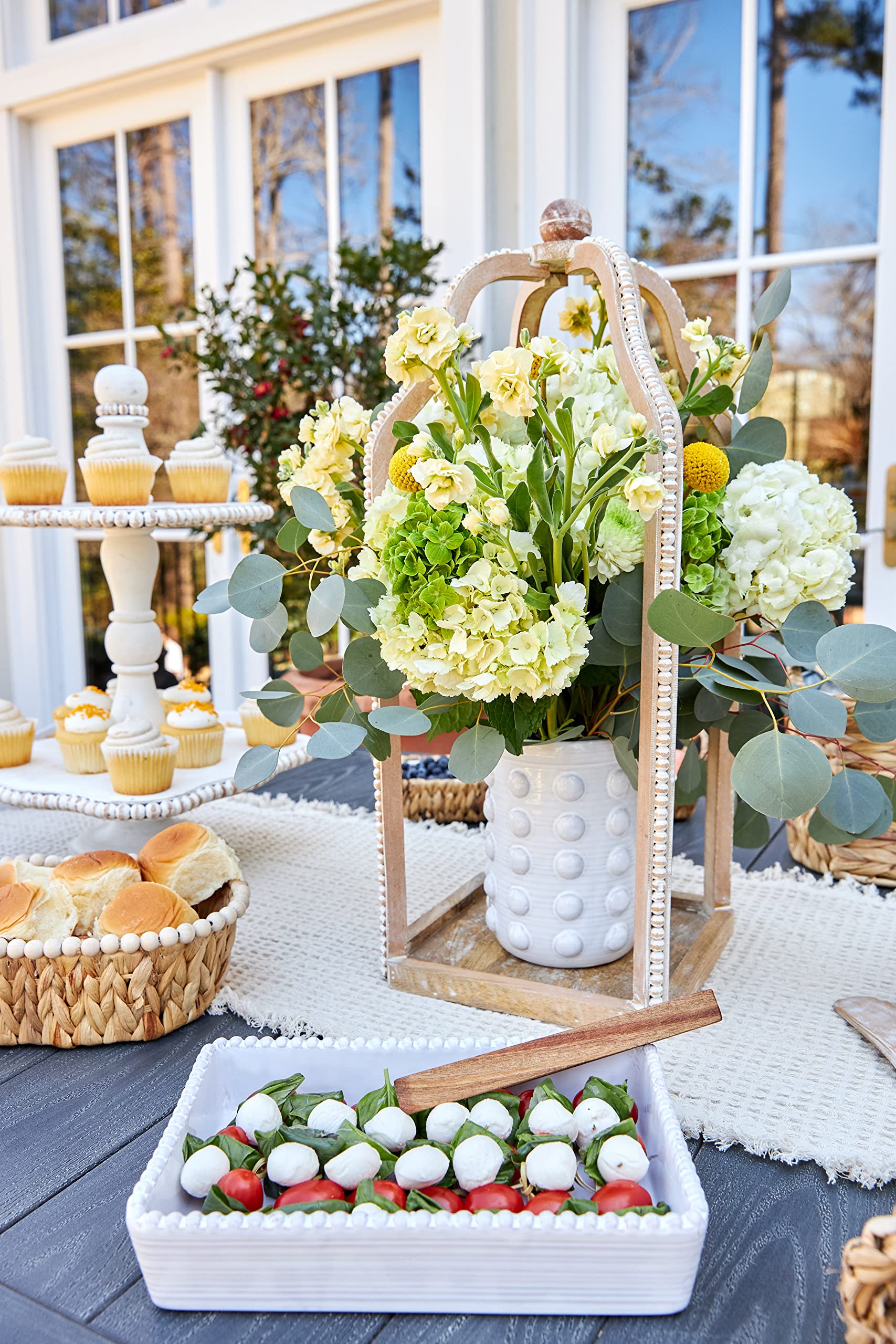 Mud Pie Tall Wood Beaded Lantern, Brown, Small 21.5 x 7.5 | Large 25.5 x 9.5