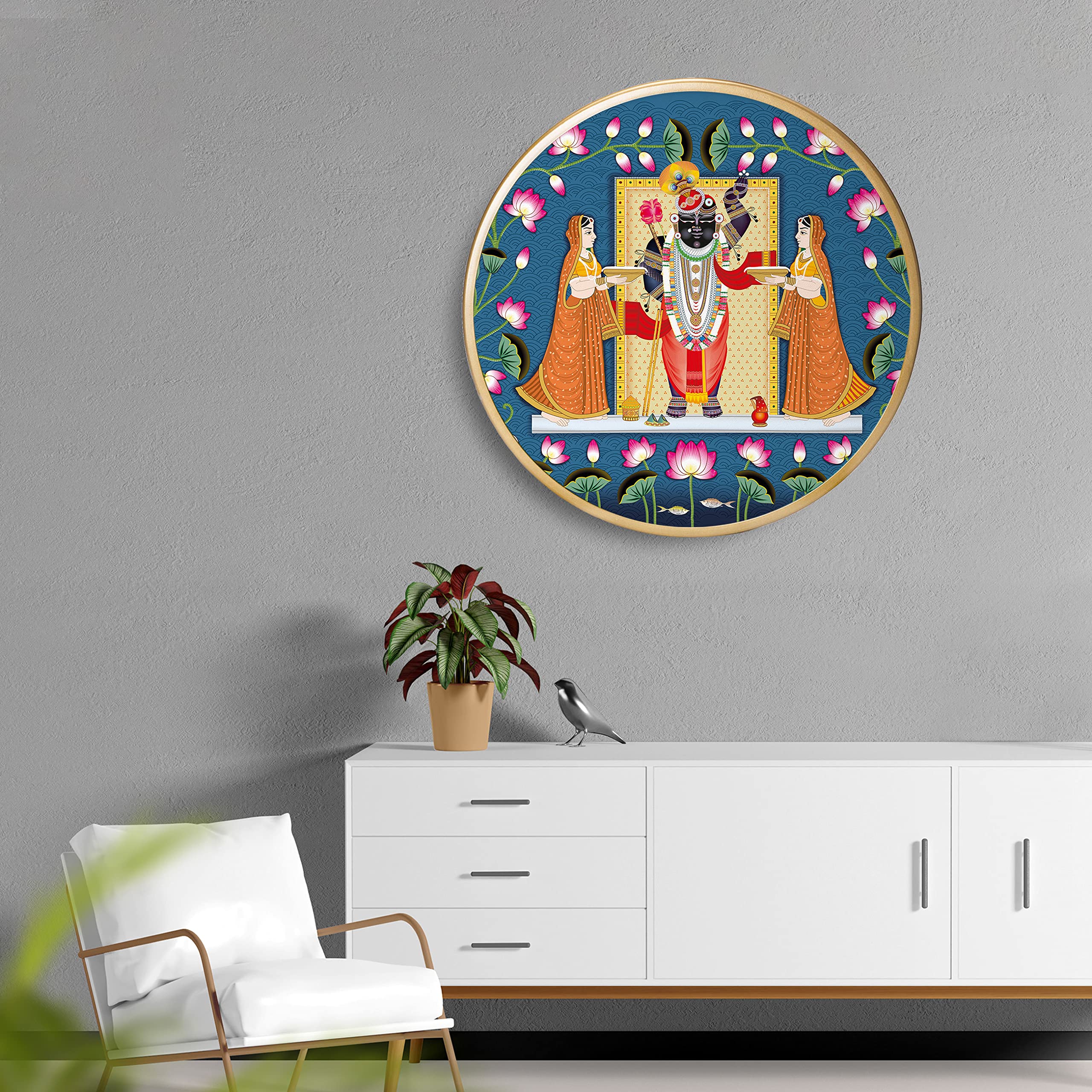 UNIQUE GRAPHICS Lord Shreenathji Gold Ring Framed Canvas Painting 12 Inch X 12 Inch For Home, Office, Drawing Room,Kitchen WallD