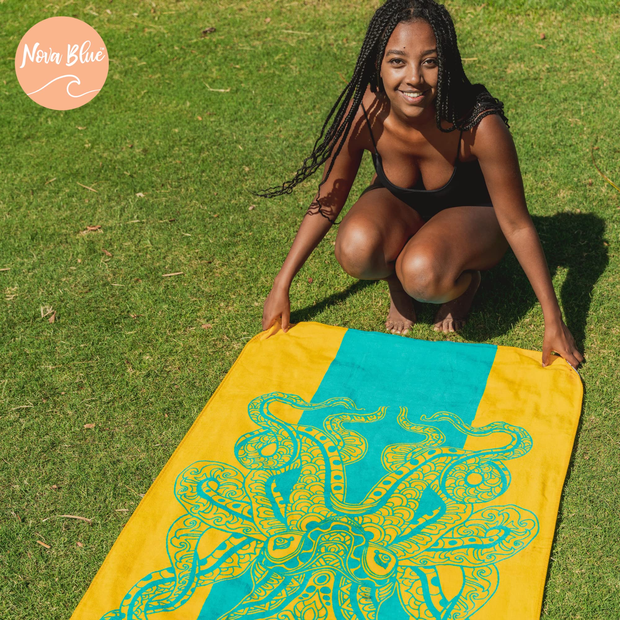 Nova Blue Octopus Beach Towel (34 X 63) - Orange & Teal Colorway With Tropical Design Travel Beach Towel Made From 100% Cotton -