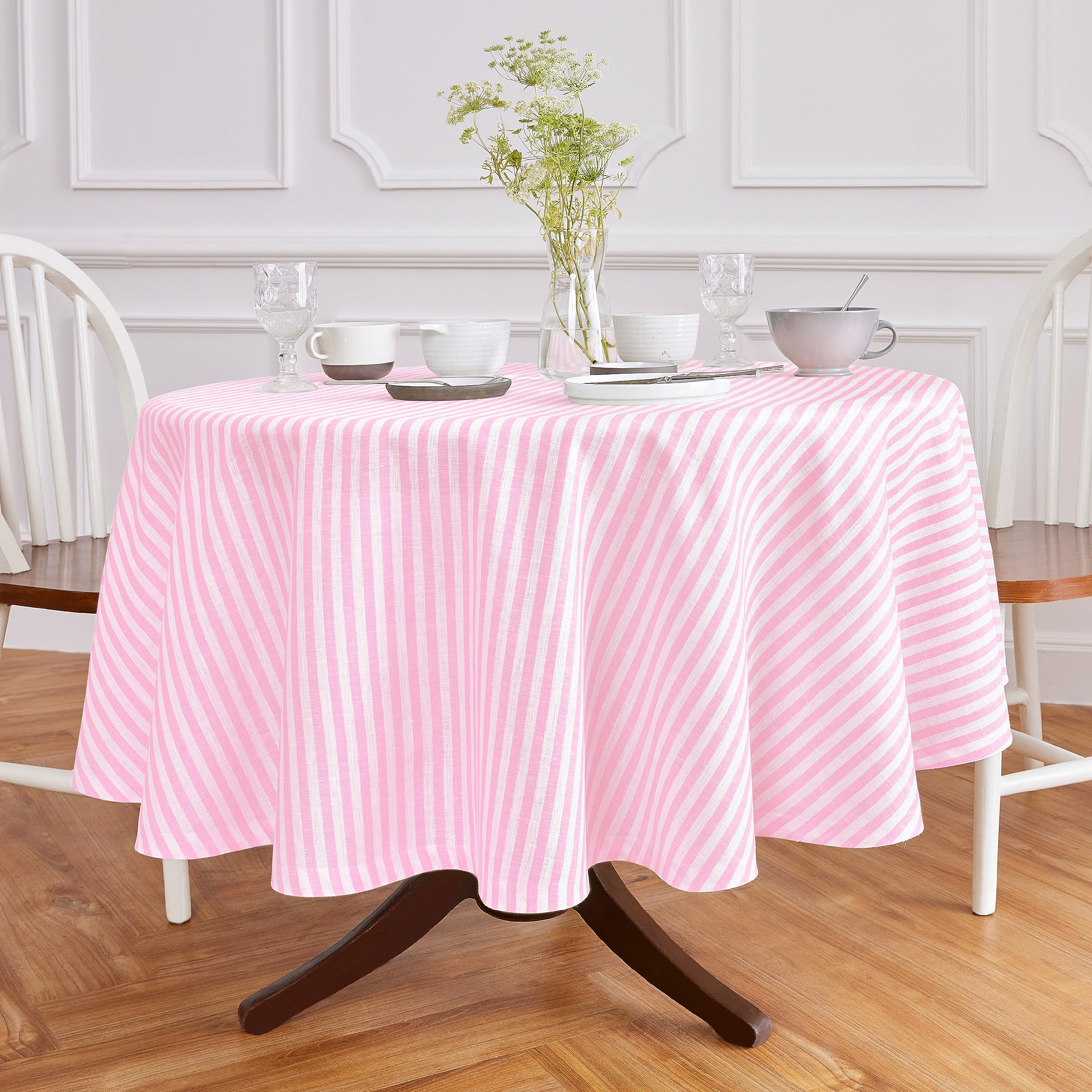 Solino Home Stripe Linen Round Tablecloth - 100% Pure Linen Cherry Blossom And White Tablecloth 60 Inch Diameter For Spring, Eas