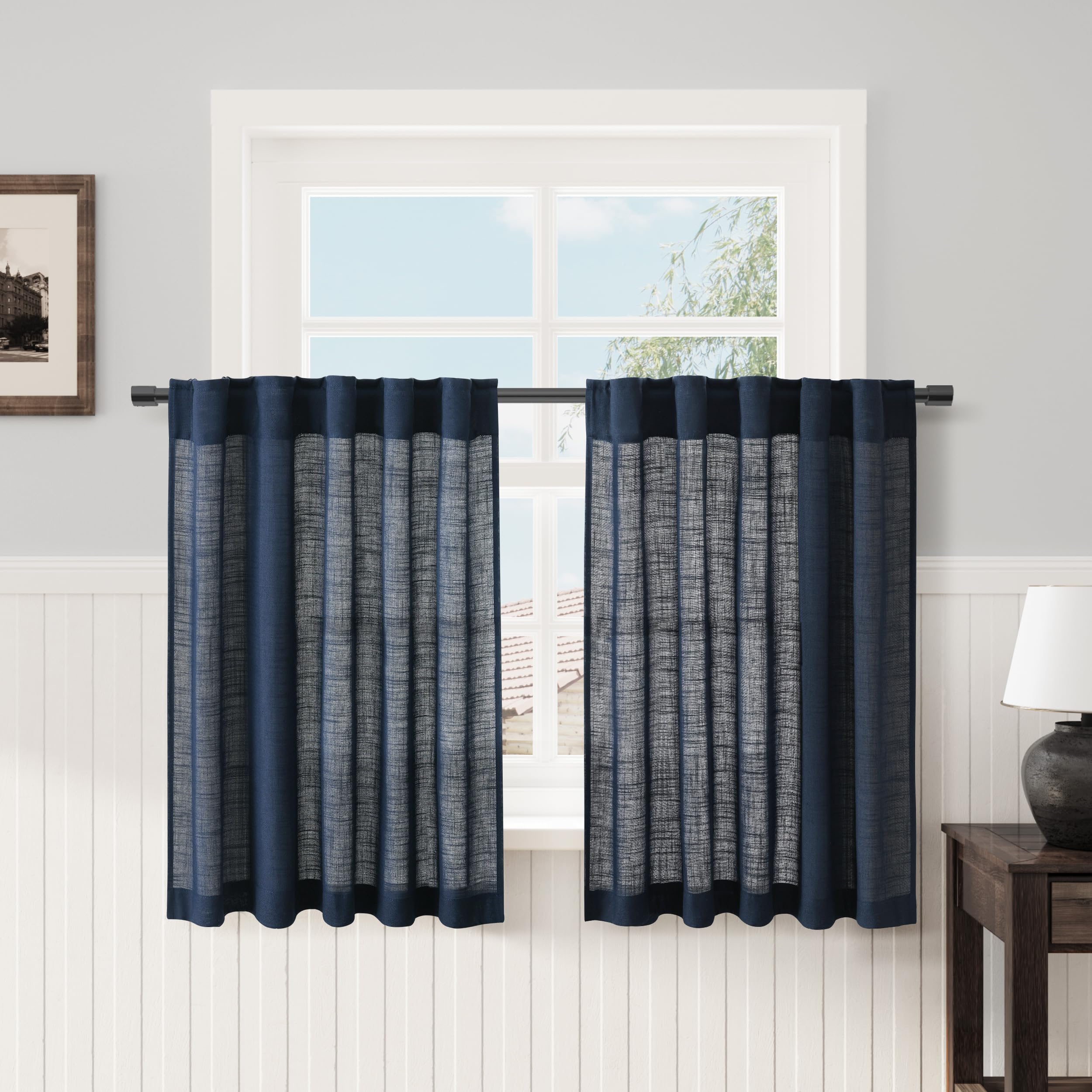 Navy Blue Kitchen Linen Curtains 36 Inch Length 2 Pack Privacy Light Filtering Linen Short Drapes with Rod Pocket Back Tab for S