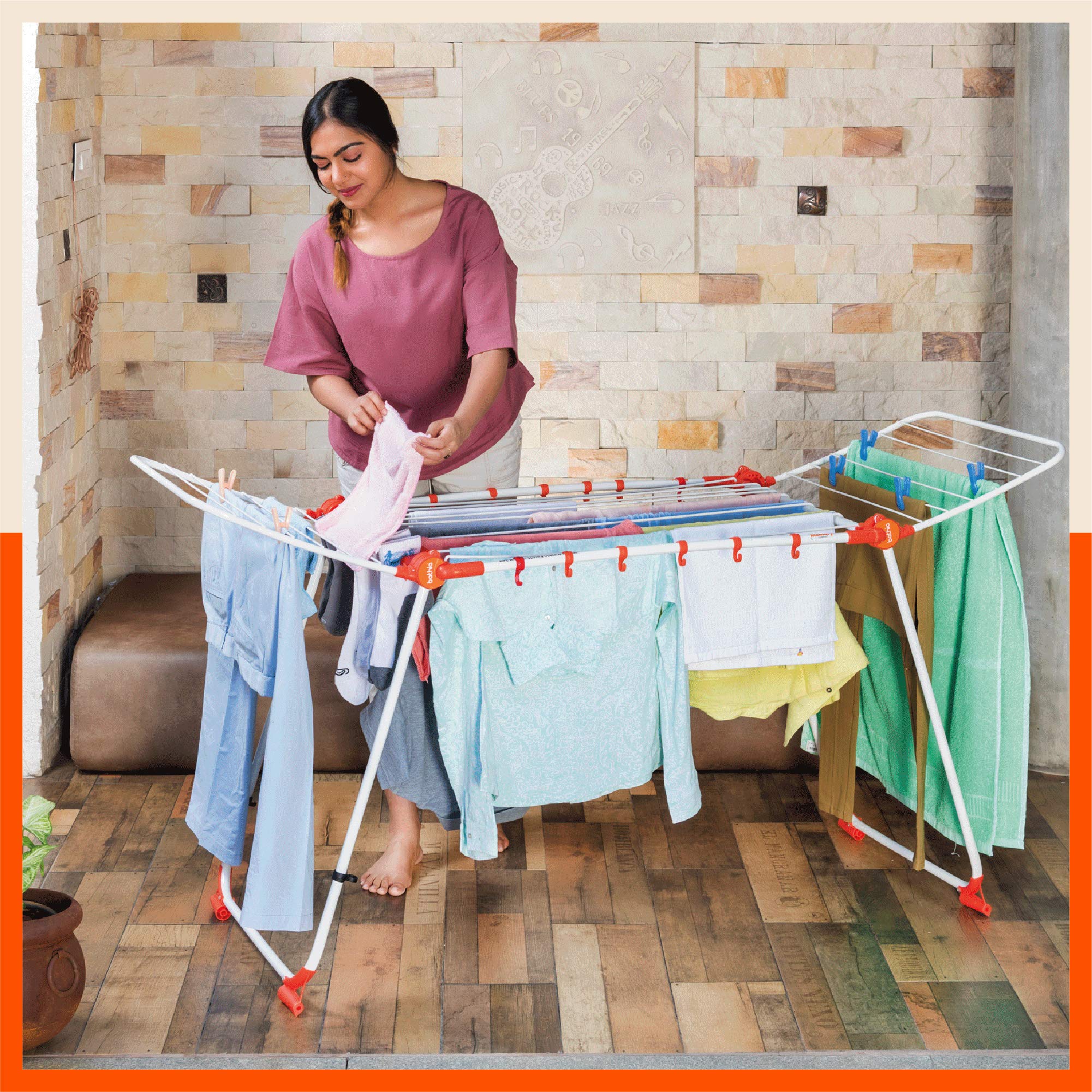 Bathla Mobidry Axis - Large Foldable Cloth Drying Metal Stand With Hanger Hooks & Clip Bag