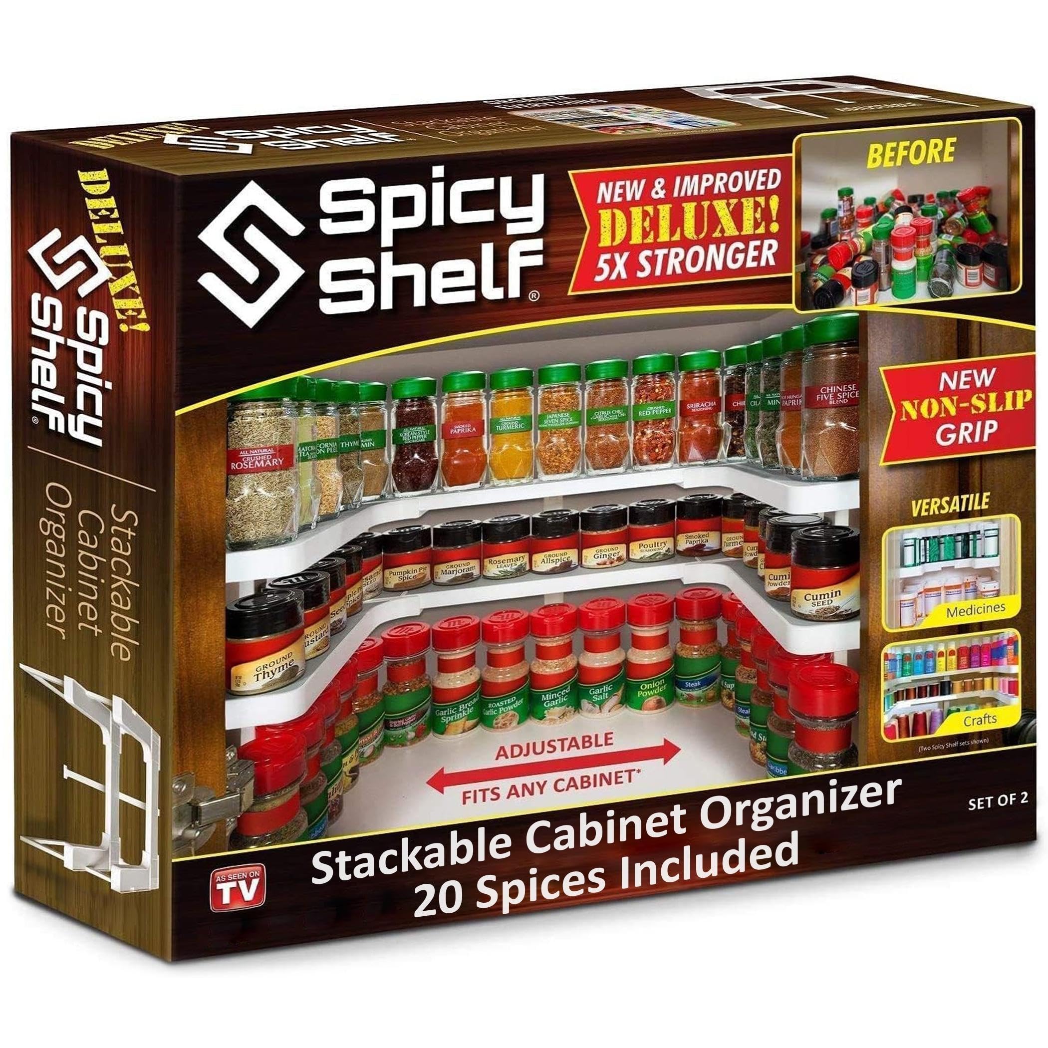 Spicy Shelf with 20 Jars of Spices inclded - Expandable Spice Rack and Stackable Cabinet & Pantry Organizer - Cabinet Spice Rack