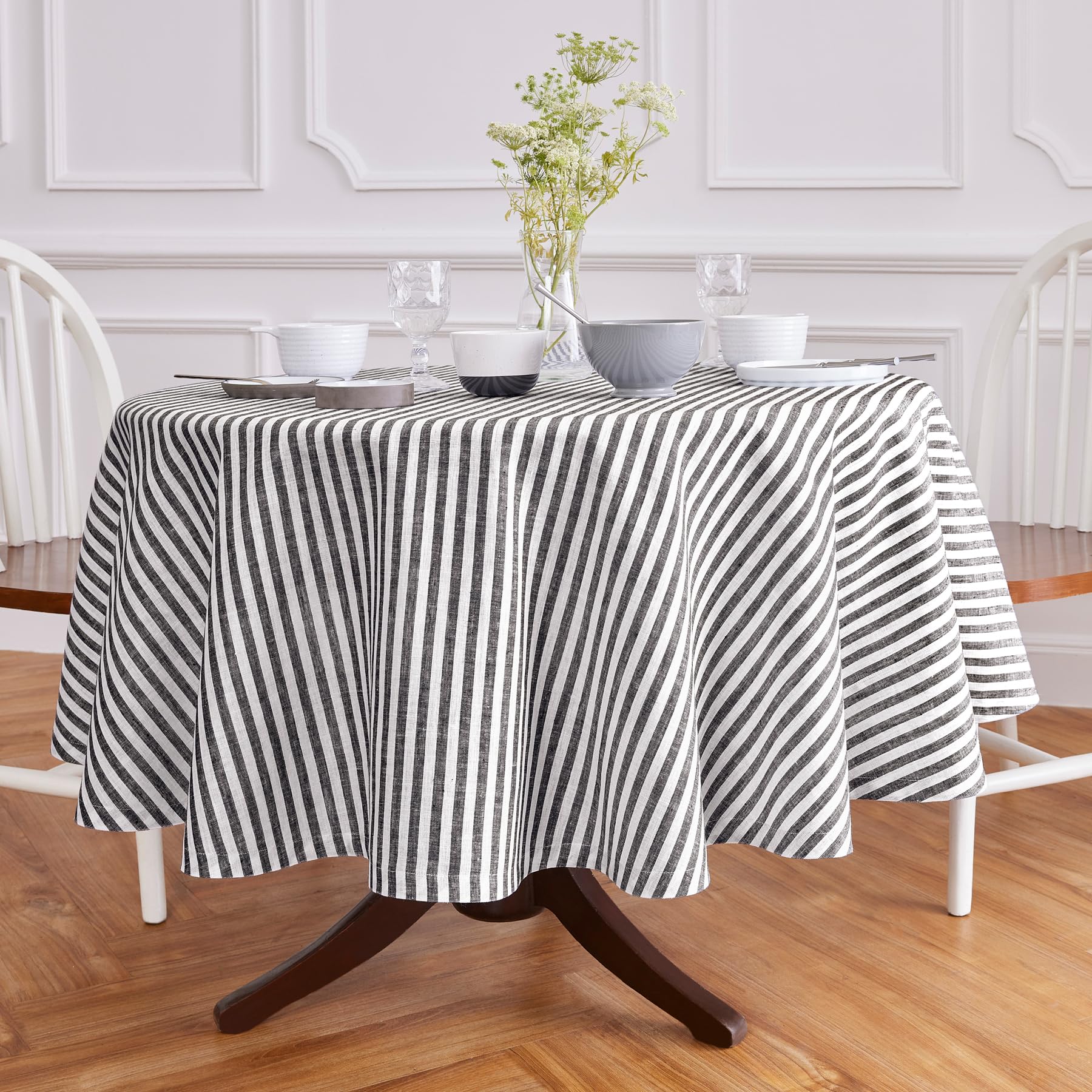 Solino Home Stripe Linen Round Tablecloth - 100% Pure Linen Black And White Tablecloth 60 Inch Diameter For Spring, Easter - Han