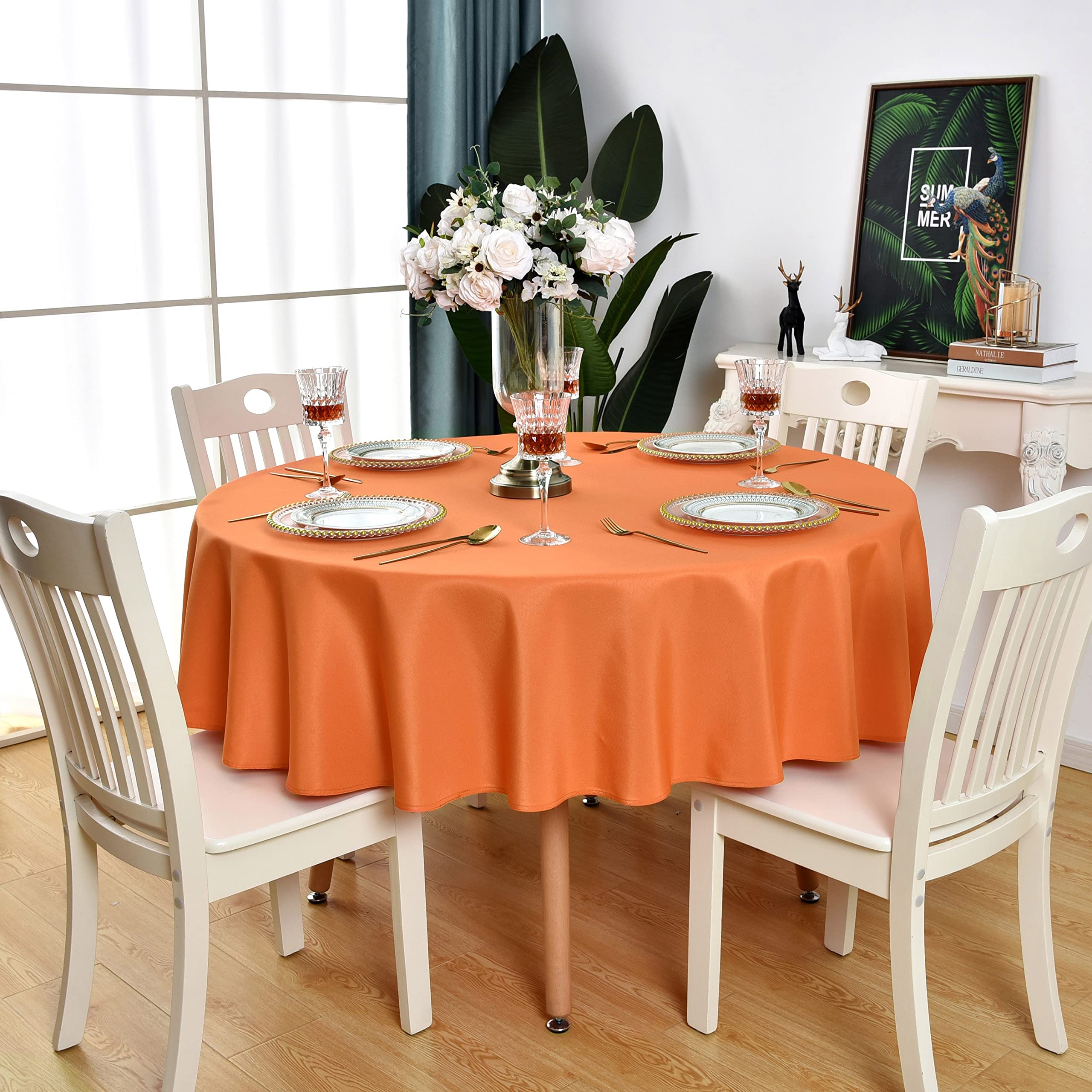 Kaipho Orange Round Tablecloth Waterproof Stain Resistant Wrinkle Free Table Cloth 210Gsm Polyester Washable Wipeable Table Cove