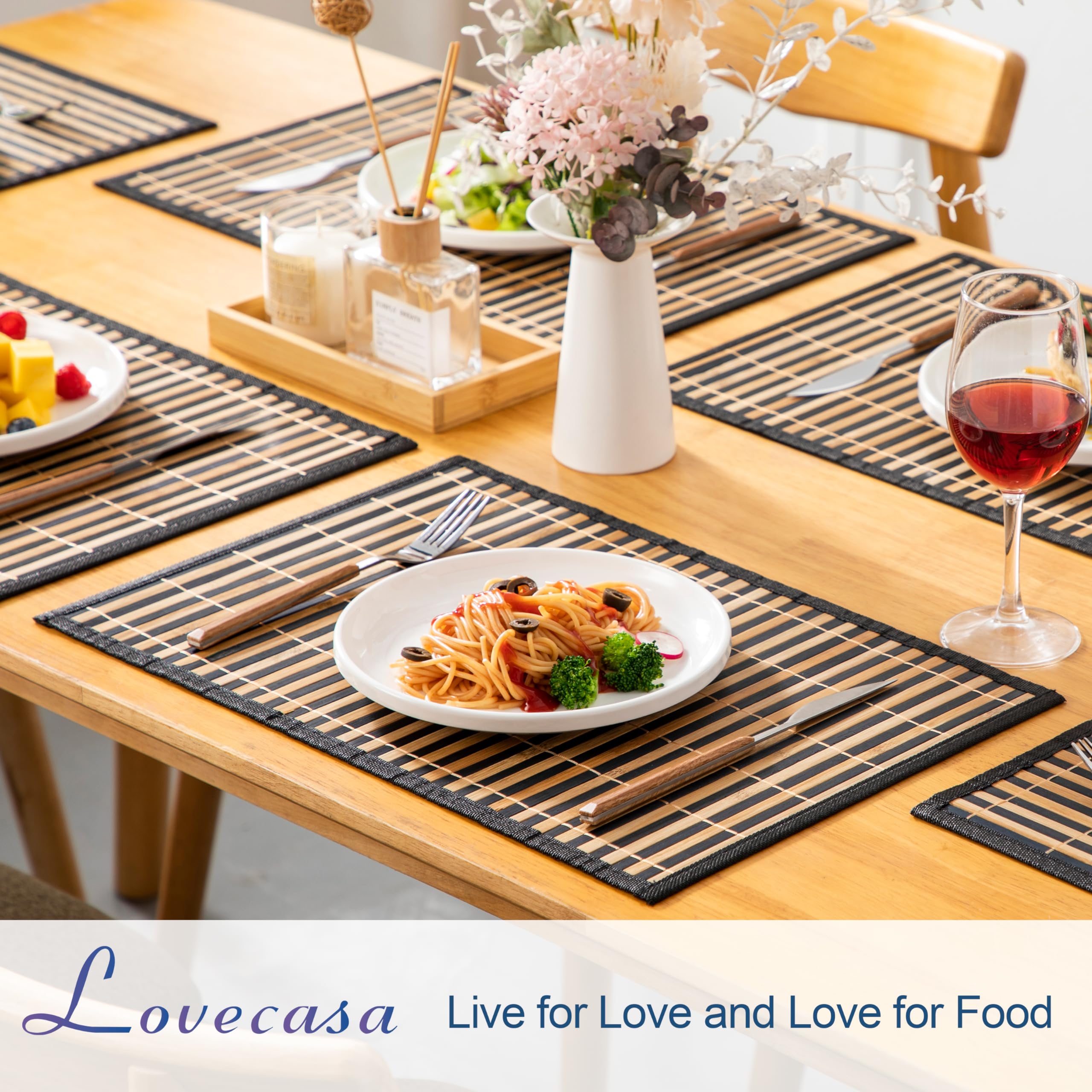 LOVEcASA Placemats Set of 6  Bamboo Table Mats Set with Non Slip Backing  18 A 12 Woven Placemat  Washable Heat-Resistant Place Mats for Kitchen and Dining Room