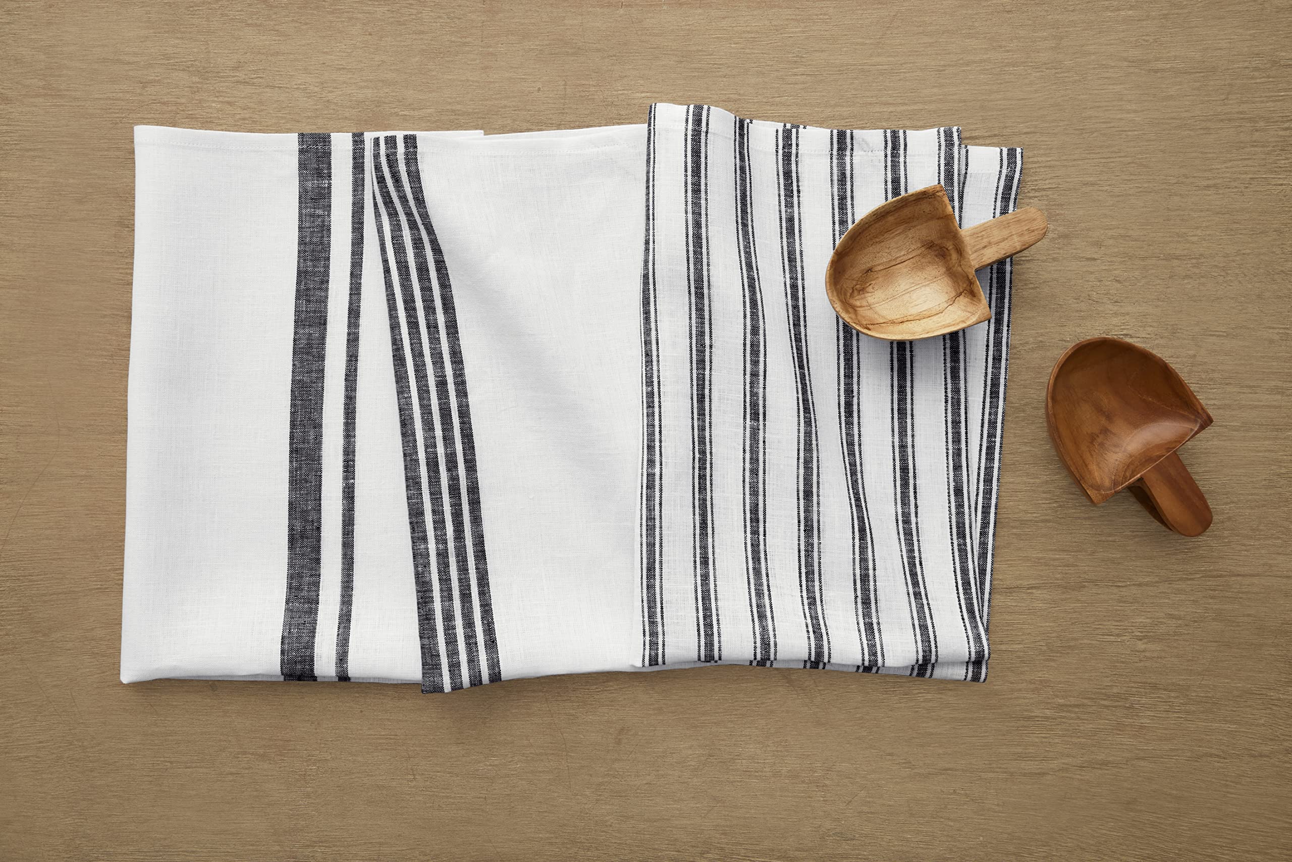 Solino Home Stripe Linen Tea Towels 17 X 26 Inch - 100% Pure Linen Multi Kitchen Towels Set Of 3 Assorted - Black And White, Han