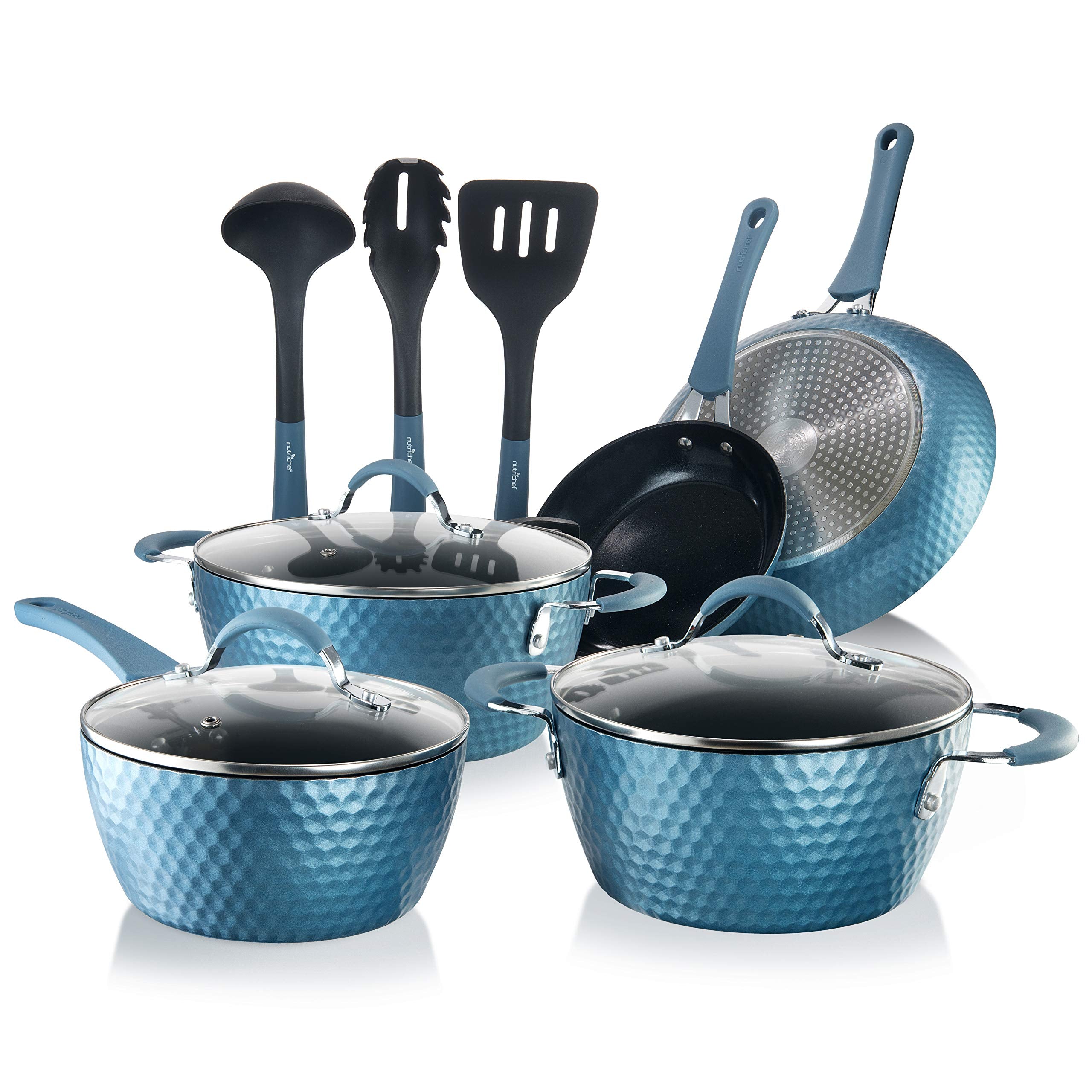 NutriChef 11 Pc Pots and Pans Set Non Stick Cookware with Ceramic Coating, Ergonomic Handles, Induction Ready, Includes Saucepan
