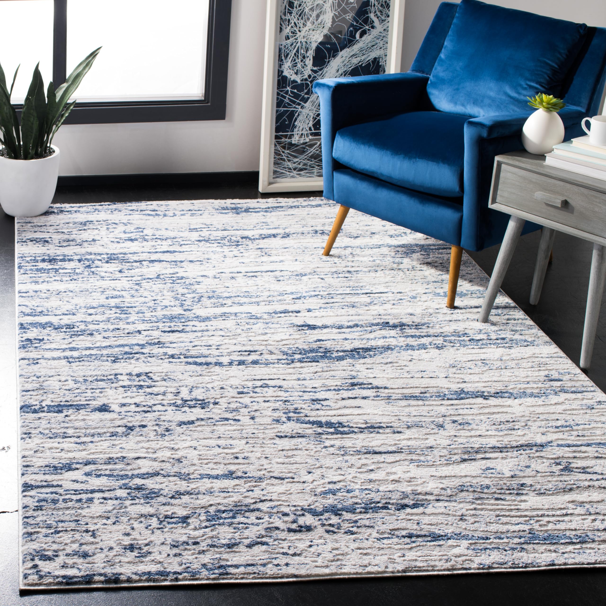 SAFAVIEH Amelia Collection Area Rug - 6 x 9, Grey & Navy, Modern Abstract Design, Non-Shedding & Easy Care, Ideal for High Tra