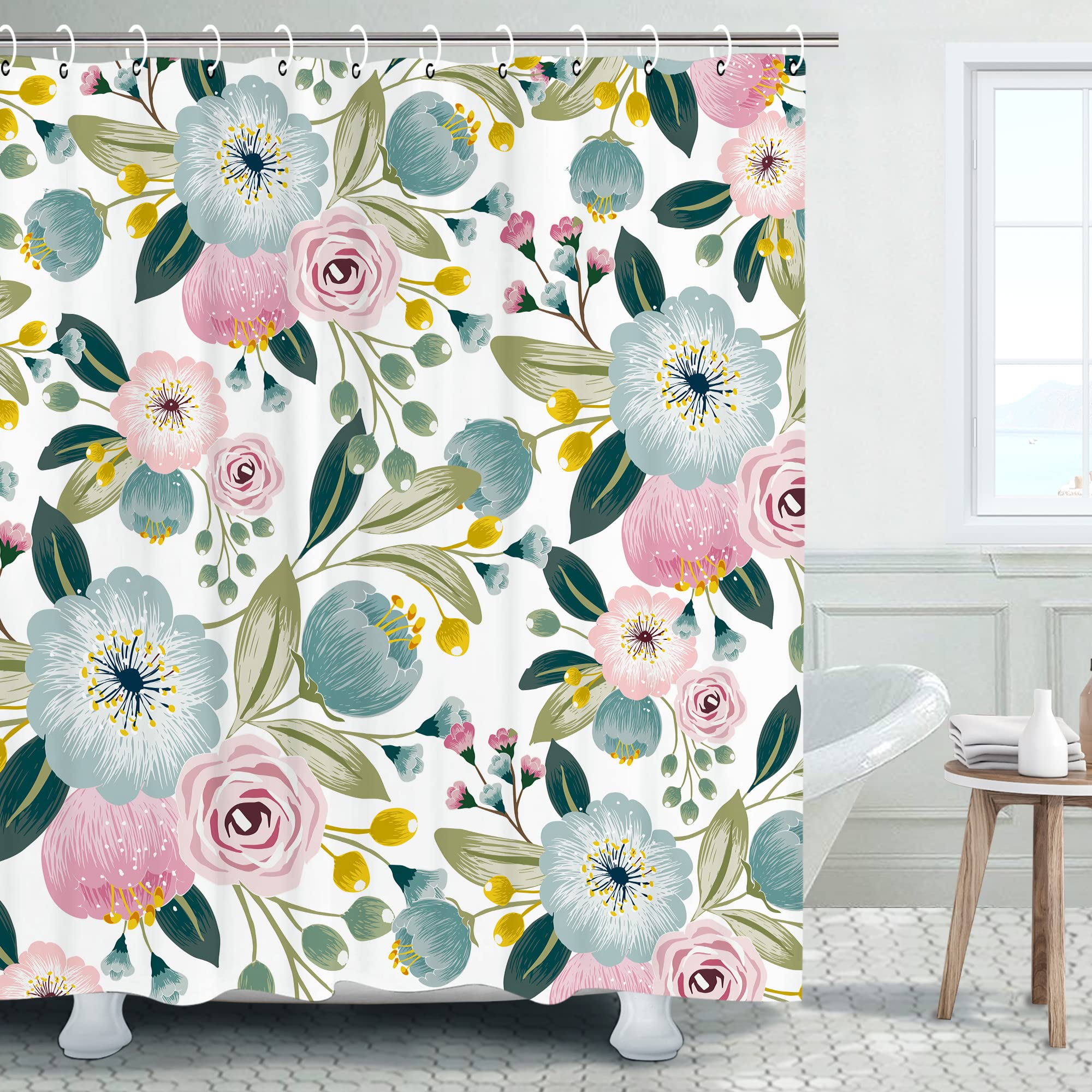 Livilan Mint Blue Shower Curtain Boho Shower Curtains Floral Blossom Flowers Shower Curtain Set Girly Light Blue And Pink Poppy