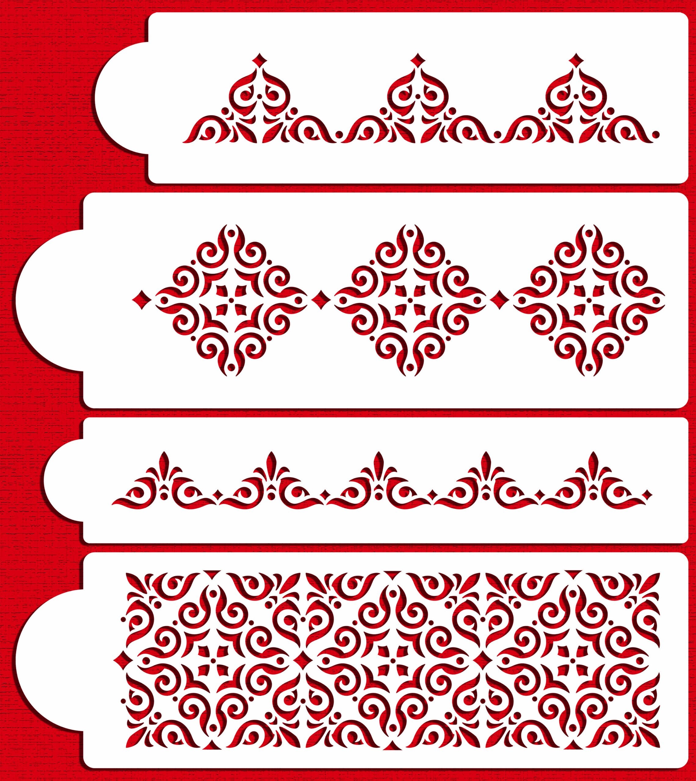 Designer Stencils Mexican Tile Cake Set Foodgrade Stencil, 2'' X 10.6'', 3.4'' X 11.9'', 1.3'' X 12'', 4'' X 12''